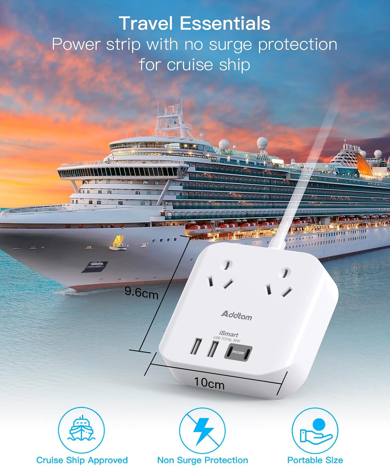 PD30W Travel Power Board, Powerboard with 2 Outlets 4 USB Ports(2 USB C), Cruise Approved Power Strip with 1.5M Extension Cord, Charging Station Travel Essentials Accessories Home Office Desk image number 6