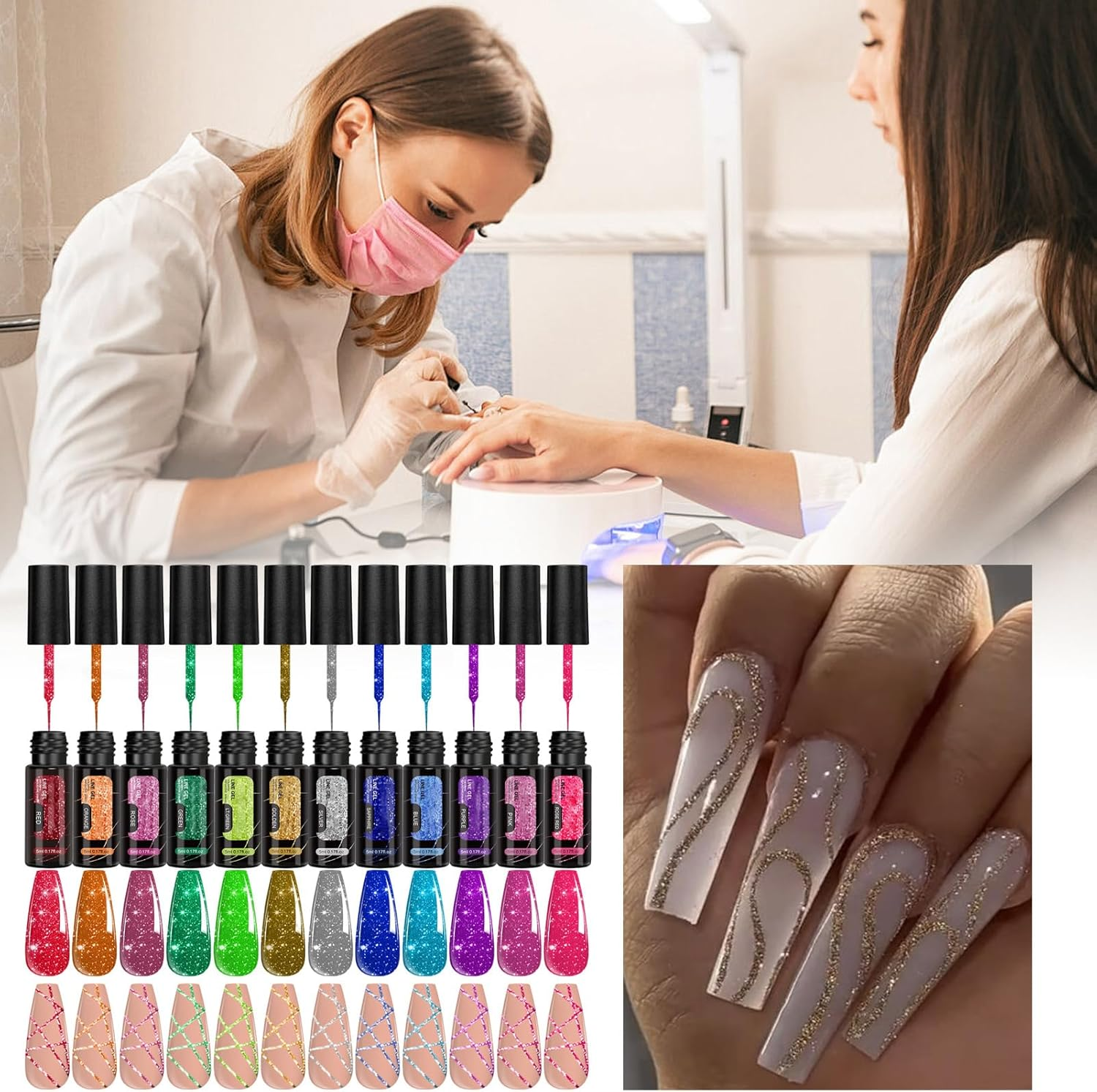 Rronnoy Reflective Glitter Gel Polish,12 Colors Nail Polish Gel - Long-Lasting Reflective Manicure Liner for Art Design Summer Salon Party Women Holiday Home image number 3