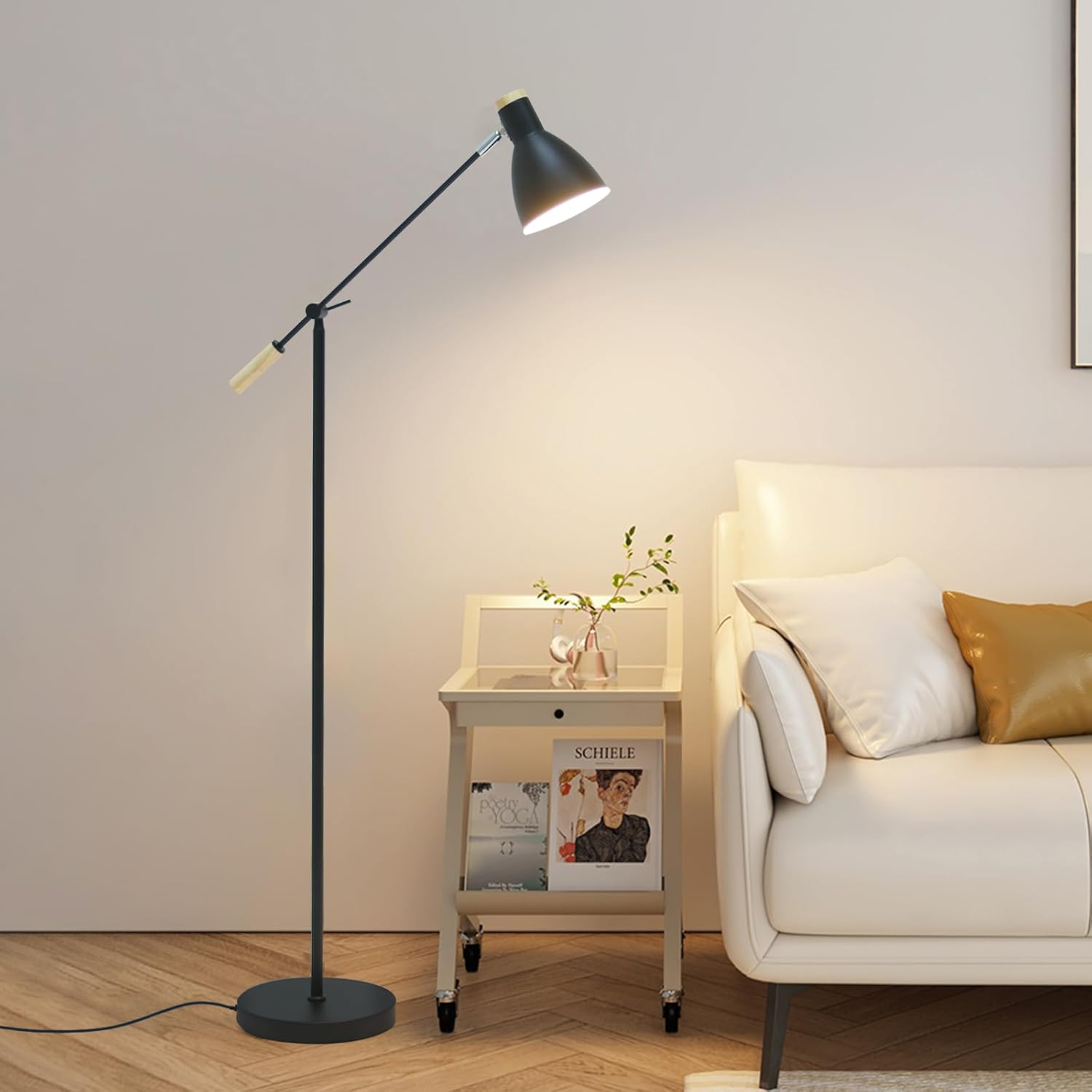 Lexi Lighting Scandinavian Adjustable Floor Lamp, Height 140Cm, E27 Lamp Holder, Black Metal Stand and Shade, Adjustable Arm with Wooden Handle, Task Light and Reading Lamp for Sofa-Side D&eacute;cor image number 3