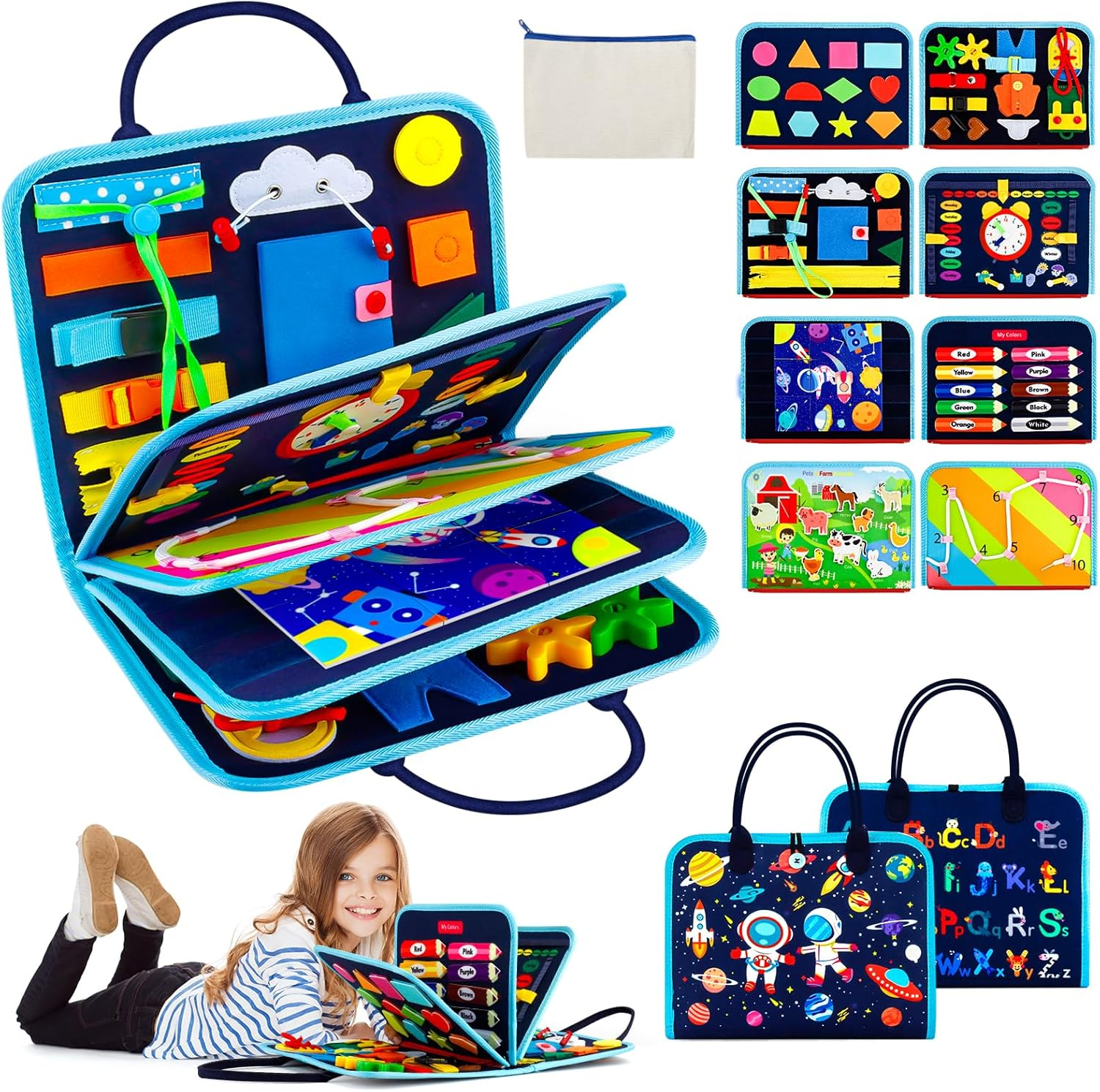 Busy Book Quiet Book Educational Activities Busy Board for Preschool Montessori Toys for Toddlers Felt Sensory Toys Toddler Travel for Plane Kids Travel Activity Pack Christmas Toy for Boys (Blue)