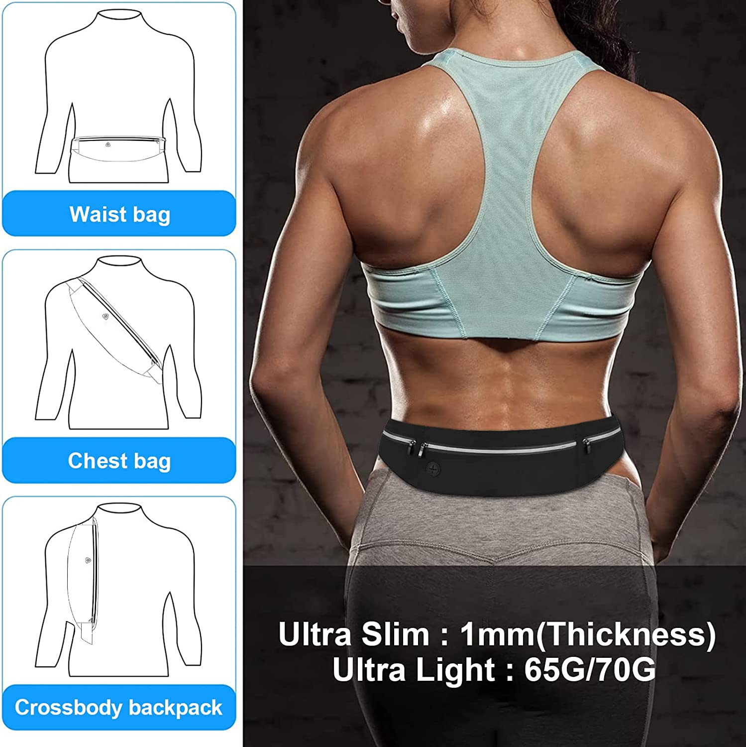 Running Belt for Men and Women, Waist Pouch Belt, Water Resistant Fanny Pack, Reflective Strips Fits Large Phone for Running, Hiking and Cycling image number 5