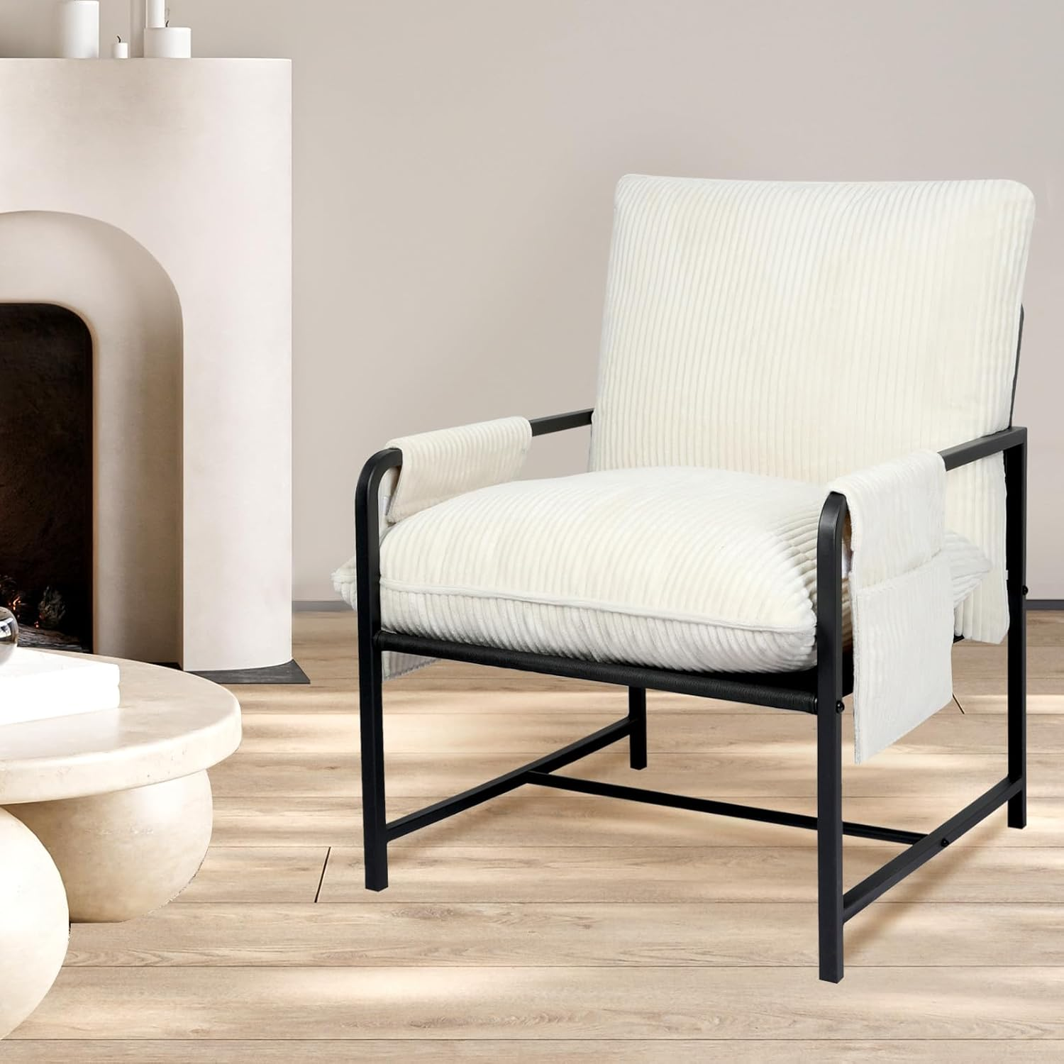 Levede Armchair Living Room Accent Chair with Sturdy Metal Frame, Bedroom Arm Chair-Lounge with Soft Corduroy Cushion,Zipper Split Design,Removable Storage Pockets,Comfy Sofa Seat for Office,Beige