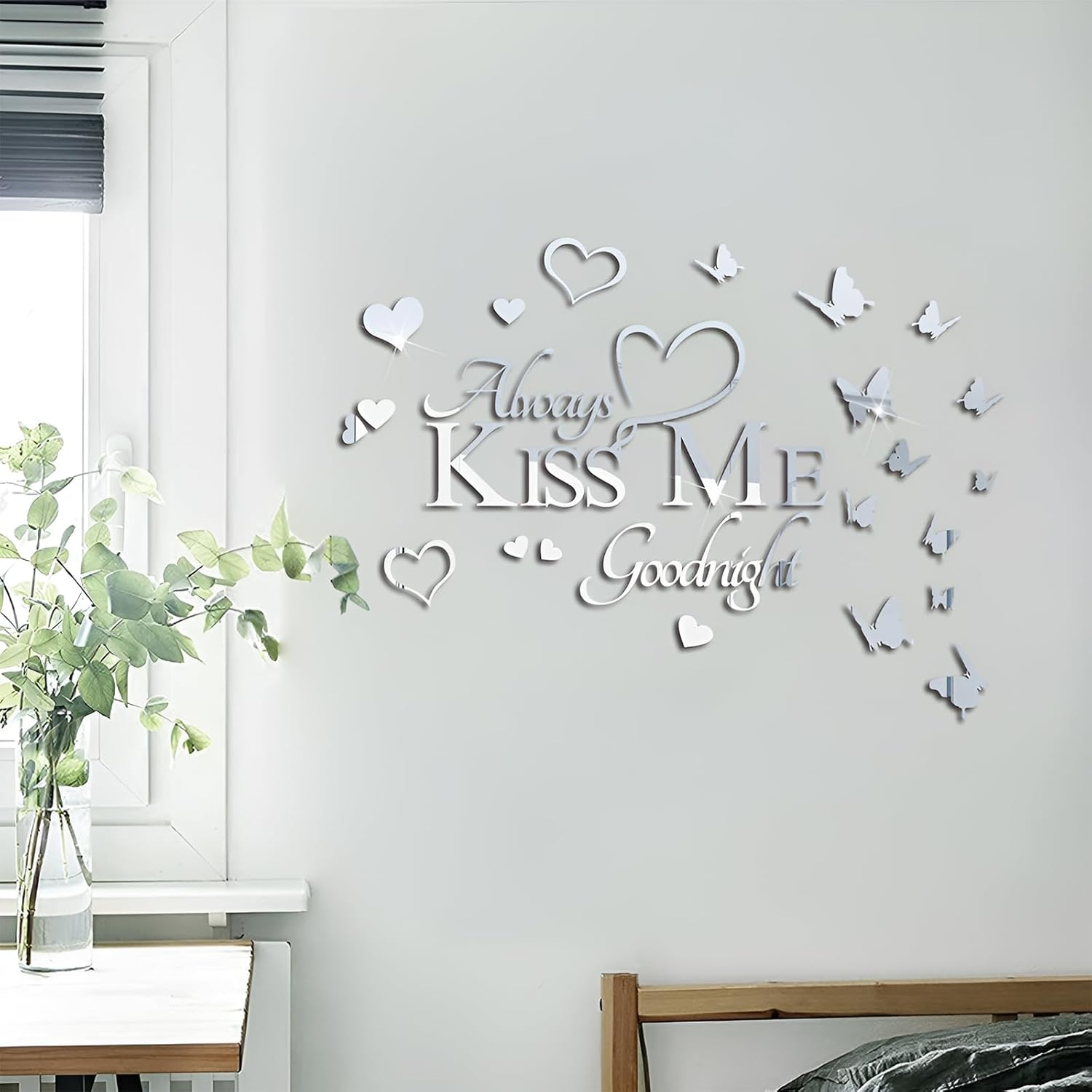 INCAUCA Always Kiss Me Goodnight Mirror Wall Decal, Peel and Stick Wall Stickers Decor for Bedroom, Decorative Romantic Couples Love Wall Words and Quotes, Lettering Art Sign over Bed, Gold image number 5