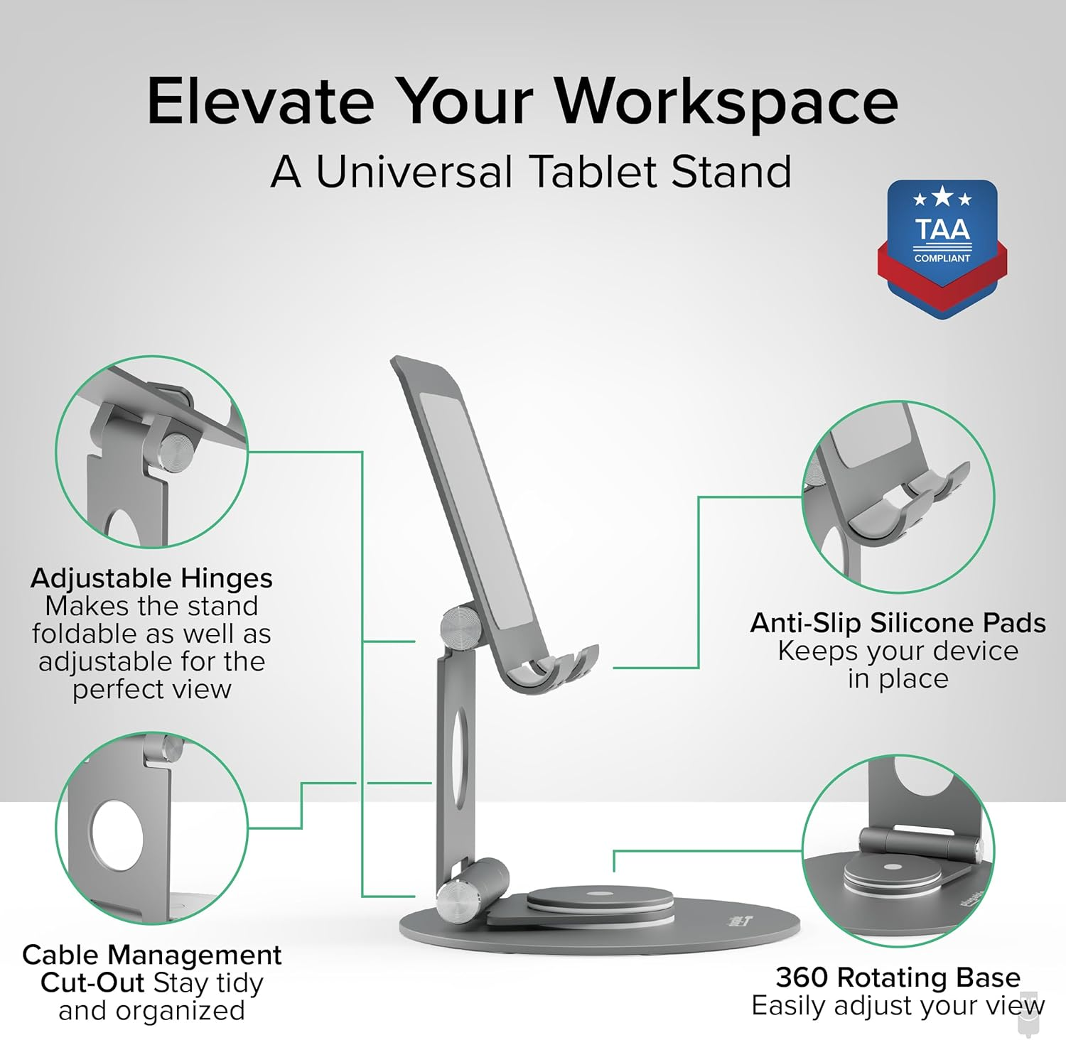 Plugable Swivel Tablet Stand Holder, 360&deg; Rotating Base Tablet Holder for Phones and Tablets up to 12.9", Adjustable and Foldable Ipad Stand for Desk, POS, Kitchen, Drawing (PT-STAND1) image number 1
