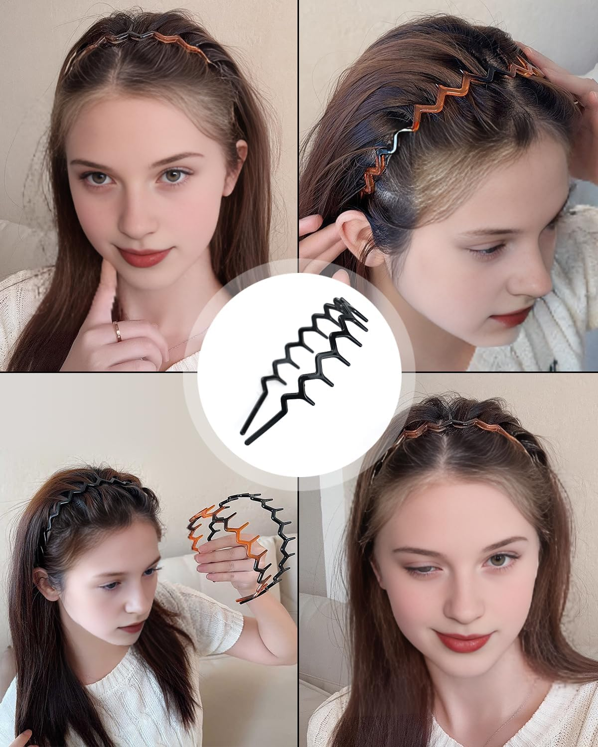 6Pcs Zig Zag Headbands, Plastic Hair Bands Teeth Wavy Comb Zigzag Headband, Non Slip Shark Tooth Hair Hoop Wavy Hair Bands for Women Men Girl Accessories (Classic Black, Retro Leopard) image number 3