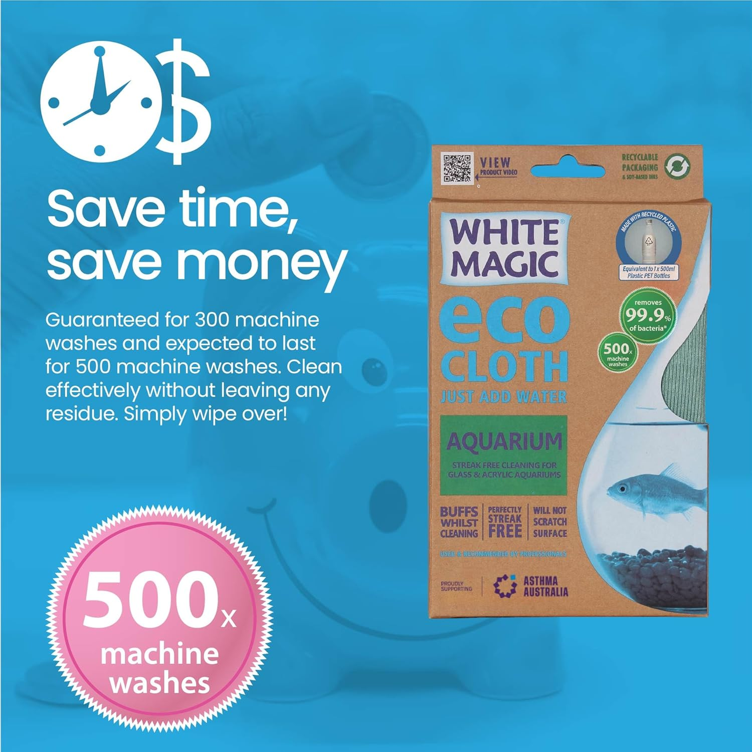 White Magic Aquarium Eco Cloth, 32 X 32 Cm, Streak-Free Cleaning for Glass & Acrylic Aquariums, Scratch-Free, Buffs & Polishes, Chemical-Free, Reusable & Machine Washable image number 4