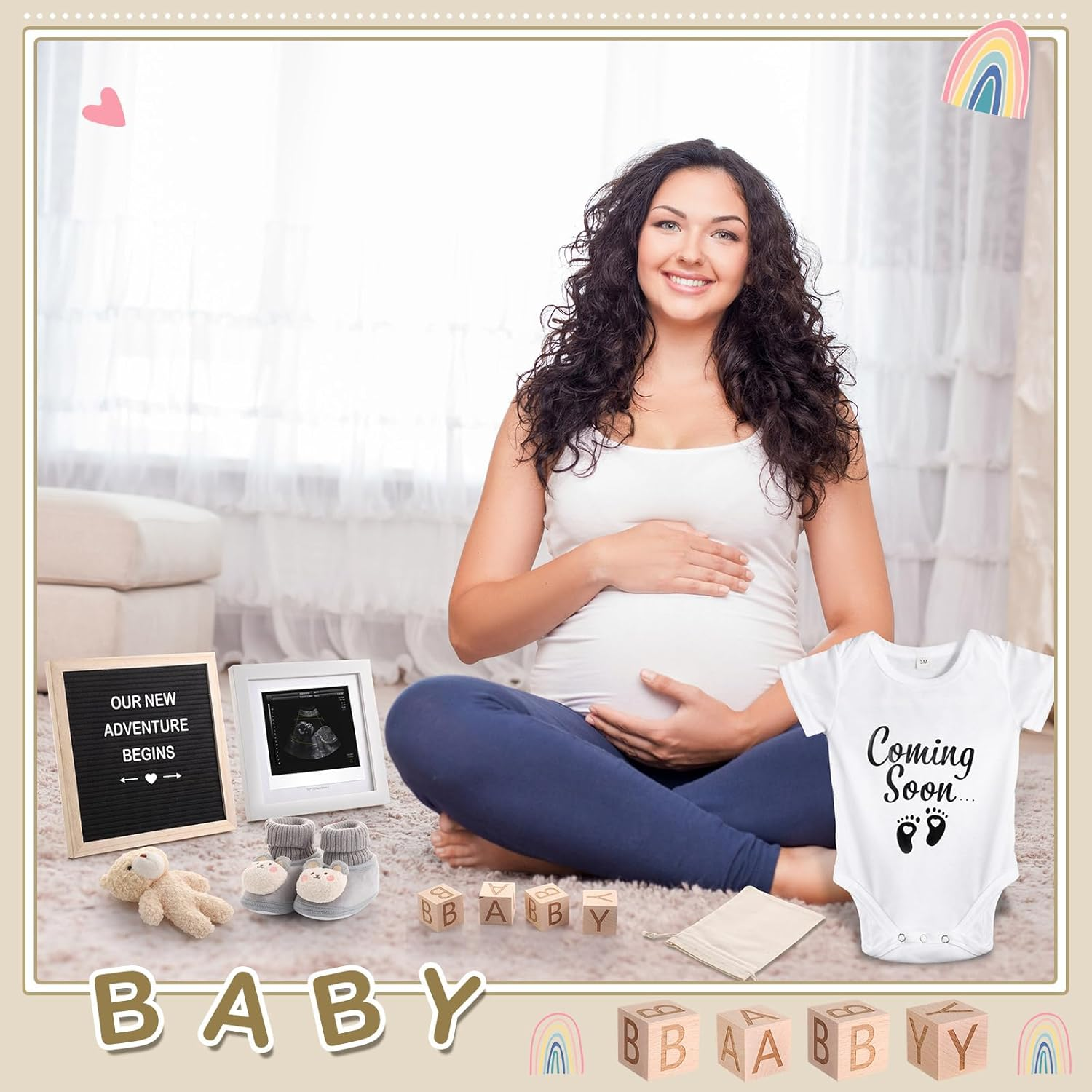9 Pcs Pregnancy Announcement Set Pregnancy Reveal Ideas Felt Letter Board Baby Bodysuit Booties Photo Frame Bear Plush Wood Blocks for Coming Soon Baby Announcement(Black) image number 4
