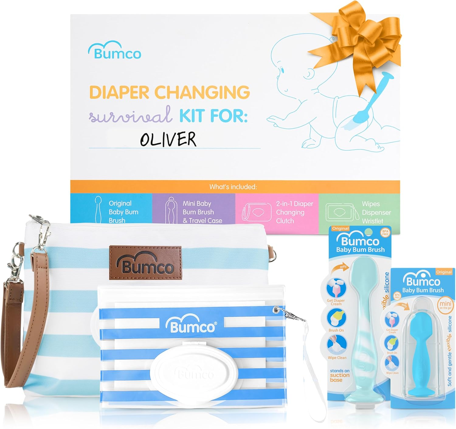 Bumco Baby Gift Basket - Personalized Diaper-Changing Baby Gift Set, Gender Neutral Baby Gift with 2 Baby Bum Brushes (Original & Mini) + Diaper Clutch Bag + Wipes Wristlet, Newborn Gift Set
