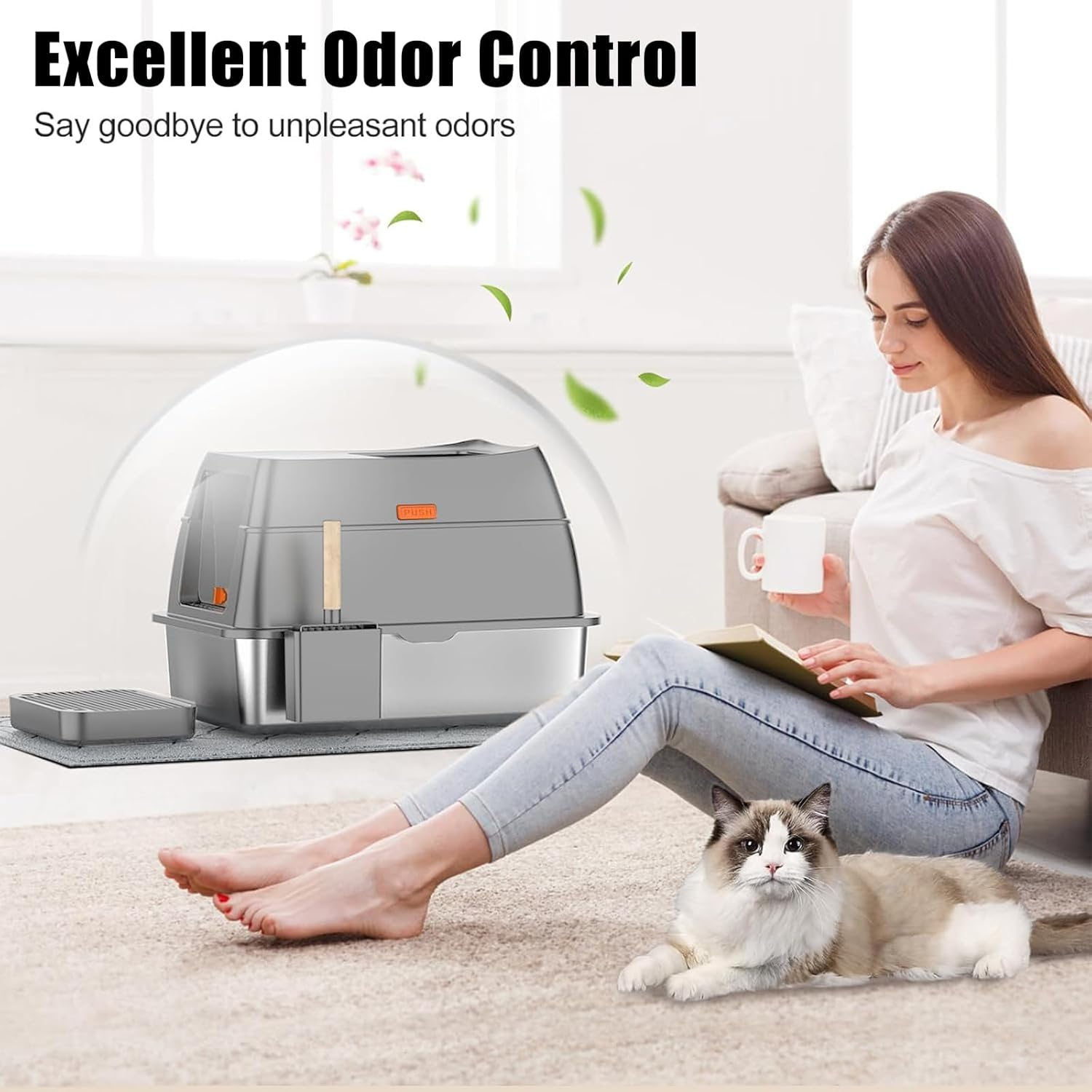 LIODUX 3-In-1 Cat Metal Litter Box Set, Stainless Steel Litter Box with Lid, Extra Large Litter Box for Big Cats, Top Entry Litter Box Enclosed with Double Filter Pedal & Scoop High Sided image number 5