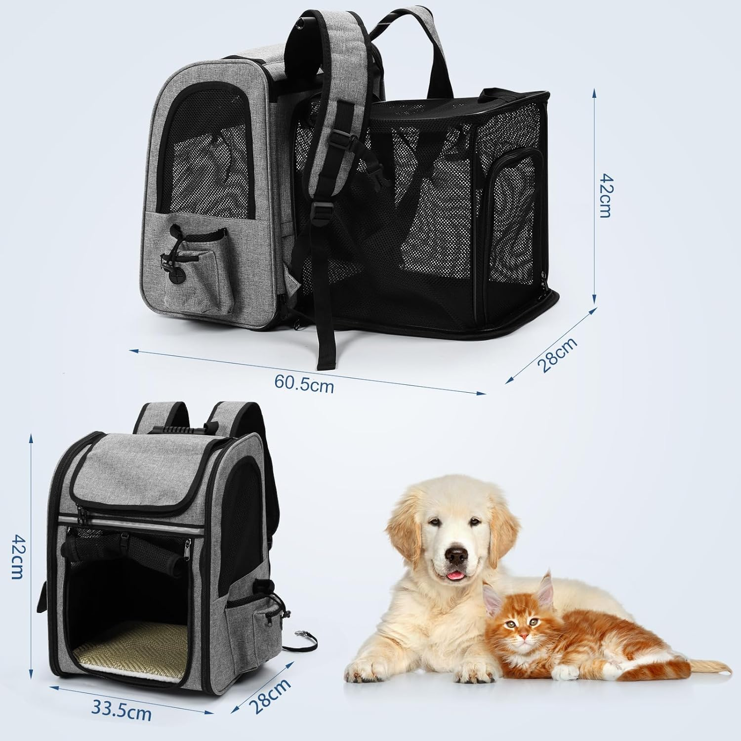 Expandable Cat Backpack - Dog Backpack up to 8 Kg, Foldable Cat Backpack for Cats Dogs with Inner Safety Lead and Pet Mat Cat Transport Bag Max 42 X 28 X 60 Cm Grey image number 3