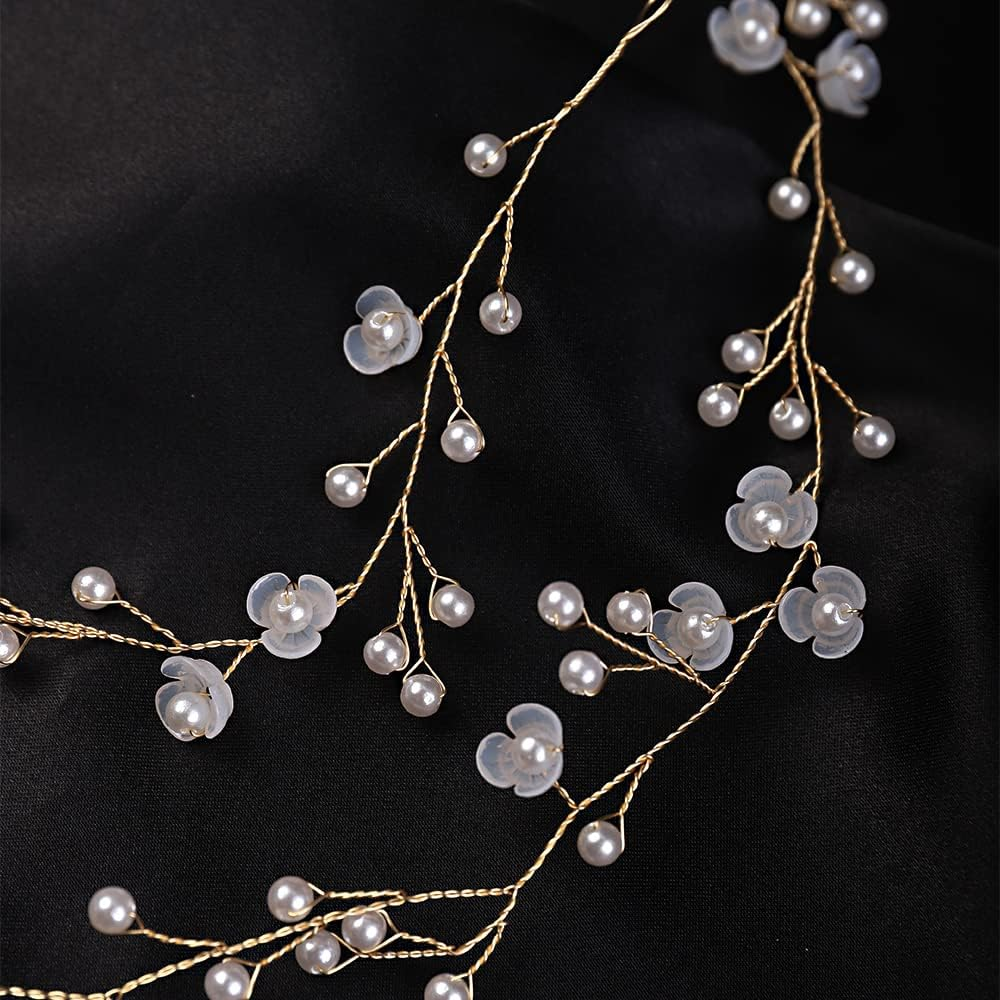 Teyglen Wedding Hair Vine Bridal Long Headband Flower Pearl Beads Long Hair Vine Gold Silver Hair Pieces Hair Jewelry Hair Accessories for Women Girl (Gold) image number 1