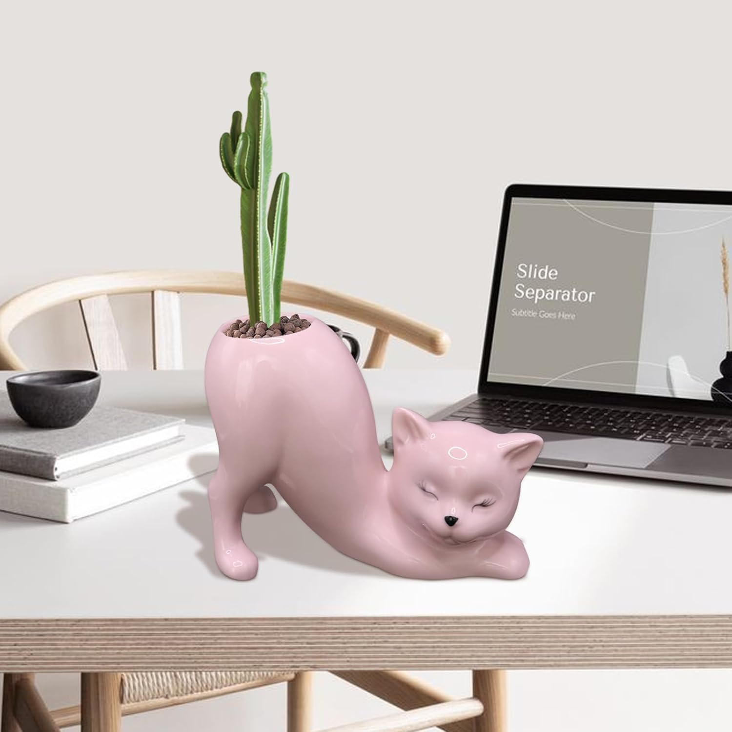 Tailless Cat Planter Pot, Unique Little Kitty Cactus Indoor Flower Pot, Ceramic Cute Animal Succulent Plant Pot, Novelty Flowerpot Ideal Gifts, Lovely Office Desk Room Home Decor (Pink) - Pink image number 6
