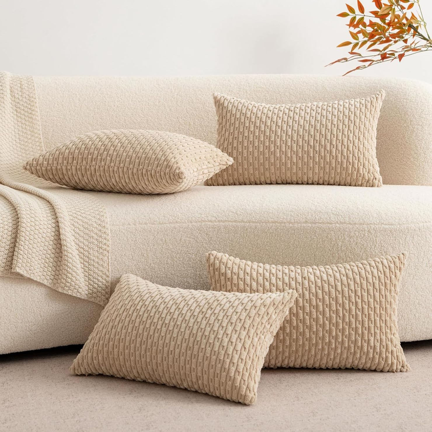 2Pcs Cushion Covers 30Cm X 50Cm, Corduroy Decorative Throw Pillow Covers Soft Boho Striped Pillow Case Modern Farmhouse Home Decor for Sofa Living Room Couch Bed (Khaki, 50Cmx30Cm) - Khaki image number 2