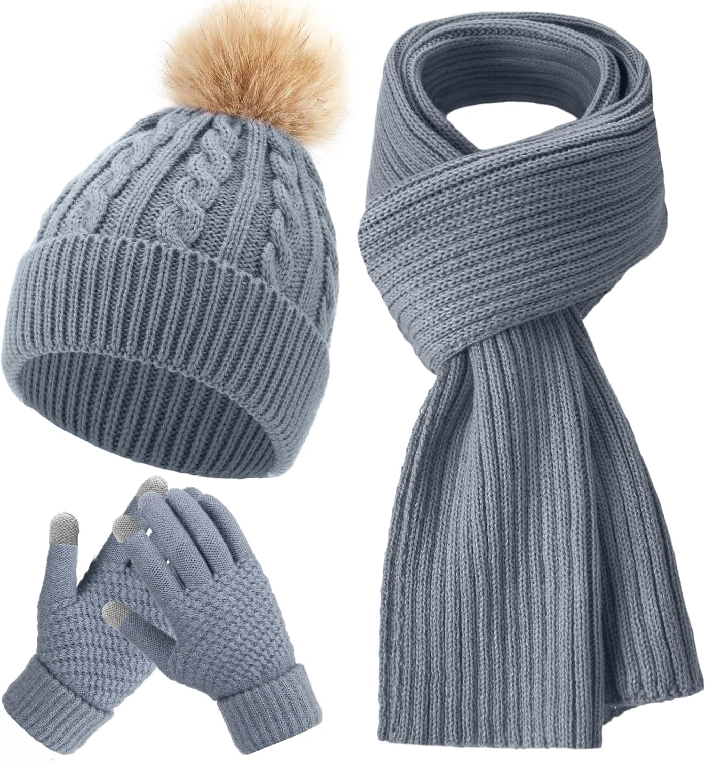 Geyoga 3 Pieces Winter Beanie Hat Scarf Touch Screen Warm Gloves Set Knit Skull Cap for Men and Women