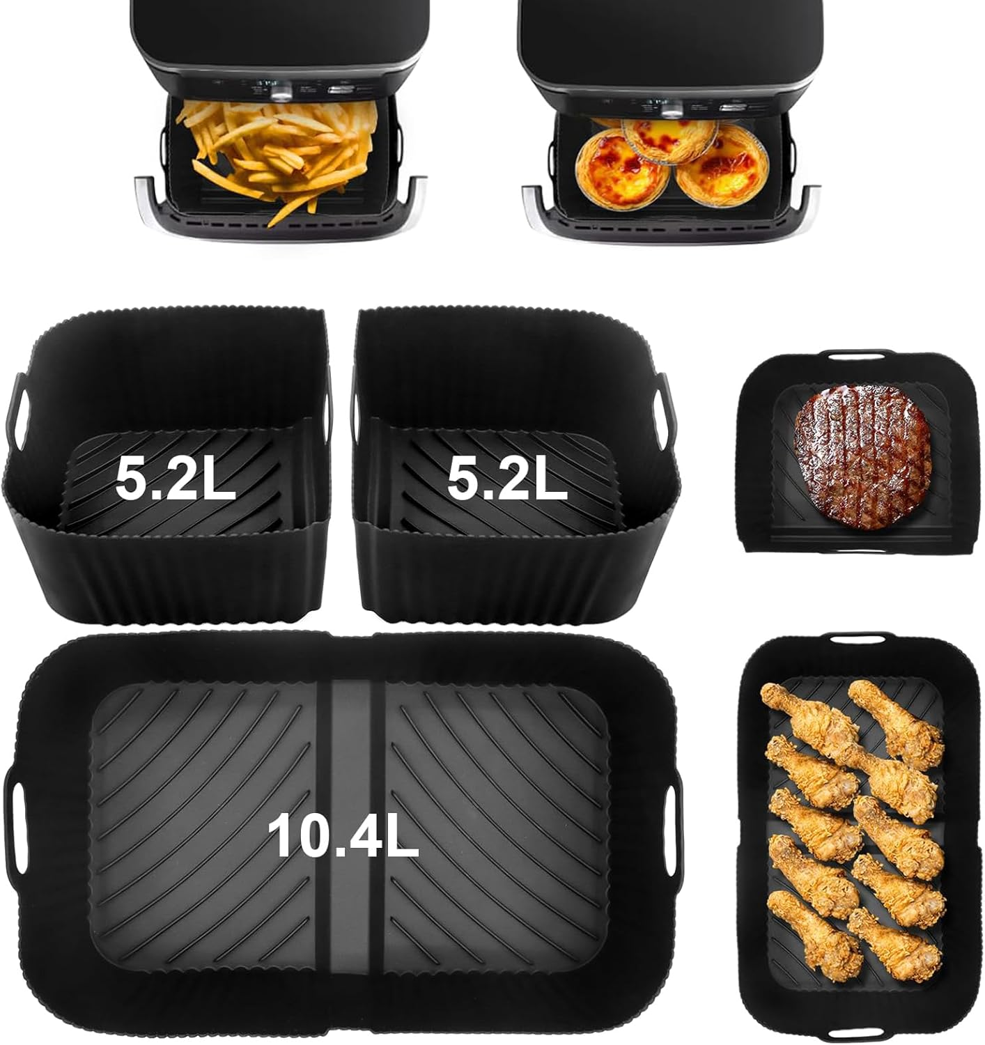 Silicone Air Fryer Liners for Ninja Af500Uk,For Ninja XXXL Flexi Drawer Liners,3-In-1 Reusable,Easy Clean,Heat-Resistant,Black【1X 10.4L and 2X5.2L】 image number 5