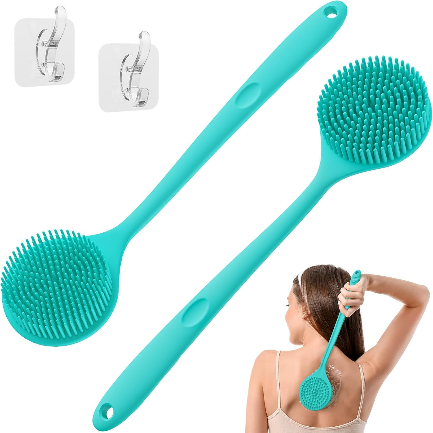 Manmihealth Silicone Back Scrubber for Shower(Thick Bristles), Body Scrubber with 15'' Long Handle, Light & Easy-To-Hold Shower Brush for Skin Exfoliating and Massaging, Not Good in Lathering.(Black)