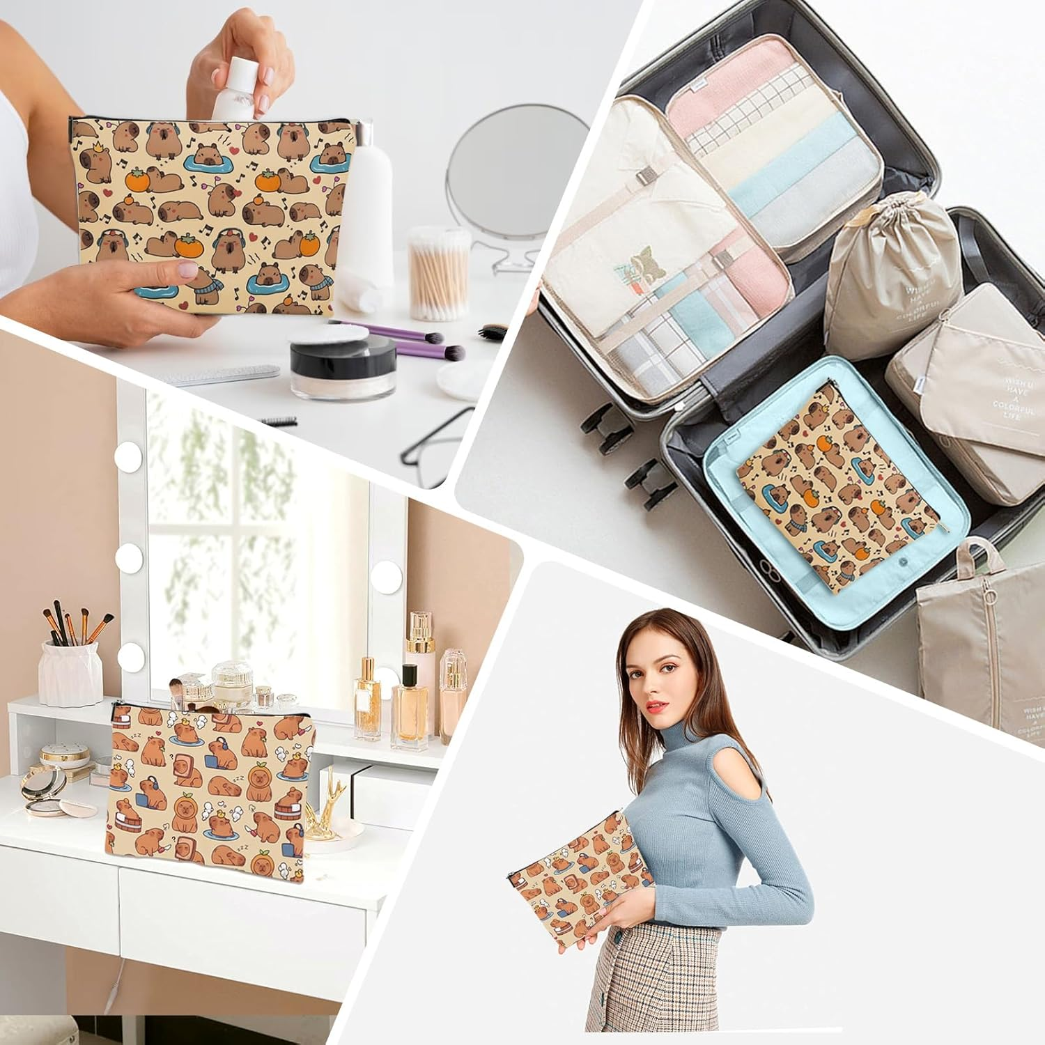 FOSDICK 2 Pieces Capybara Makeup Bag, Linen Make up Bag, Cute Capybara Cosmetic Bags, Portable Makeup Bags, Makeupbag with Zipper, Make up Pouch for Cosmetics, Toiletries, Gifts for Women Girls image number 2