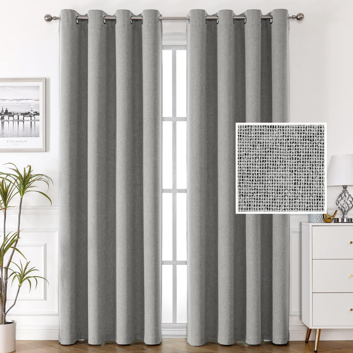 H.VERSAILTEX 100% Blackout Linen Curtains Thermal Curtains for Living Room Textured Burlap Curtain with Double Face Linen Grommet Soundproof Curtains Each W132Cm X D243Cm, 2 Panels -Heather Taupe