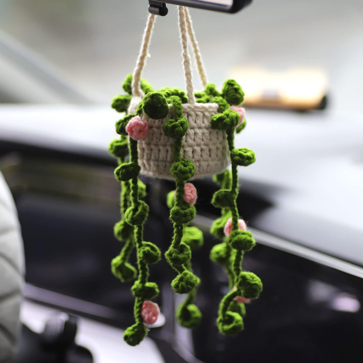 Cute Potted Plants Crochet Car Mirror Hanging Accessories for Women Men - Handmade Knitted Rear View Mirror Interior Aesthetic (Pink Flowers) image number 1