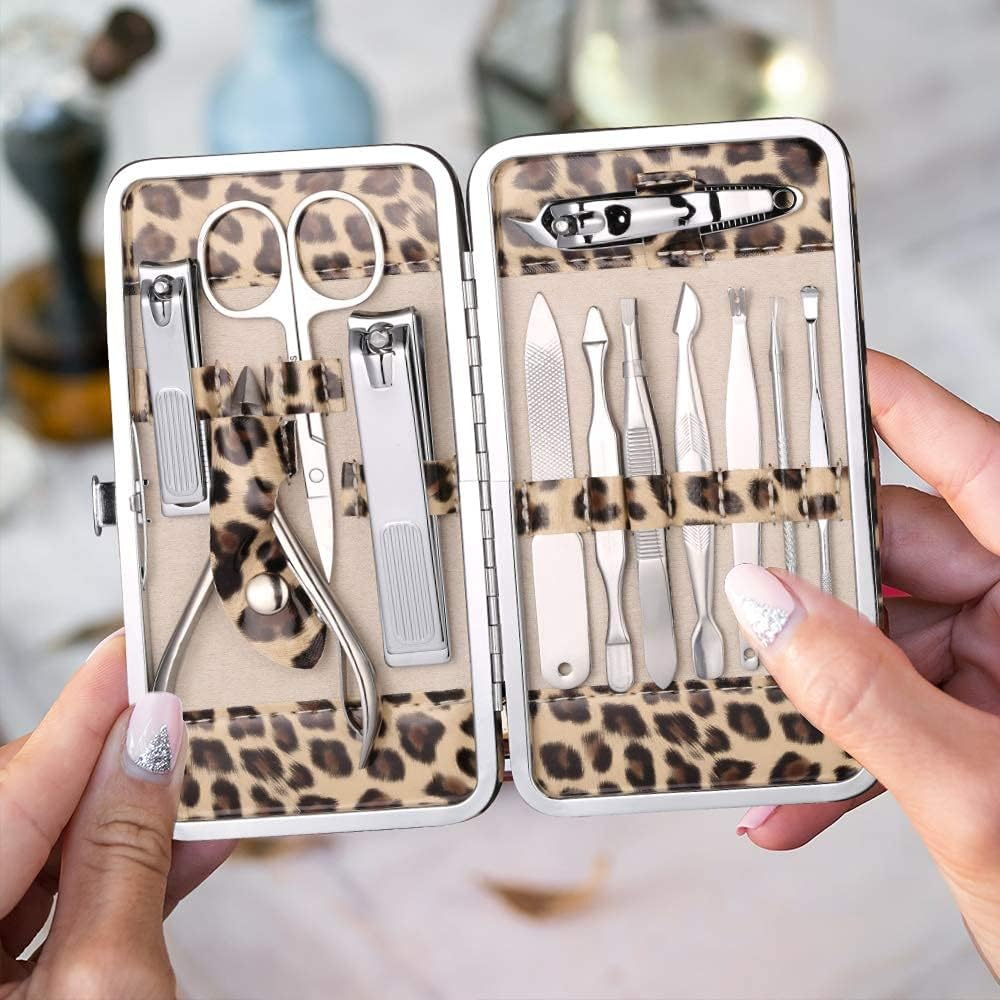 Manicure Kit, FAMILIFE 12Pcs Nail Clippers Set Stainless Steel Multipurpose Kit Grooming Tools Kits with Leopard Print Case - Leopard Print image number 6