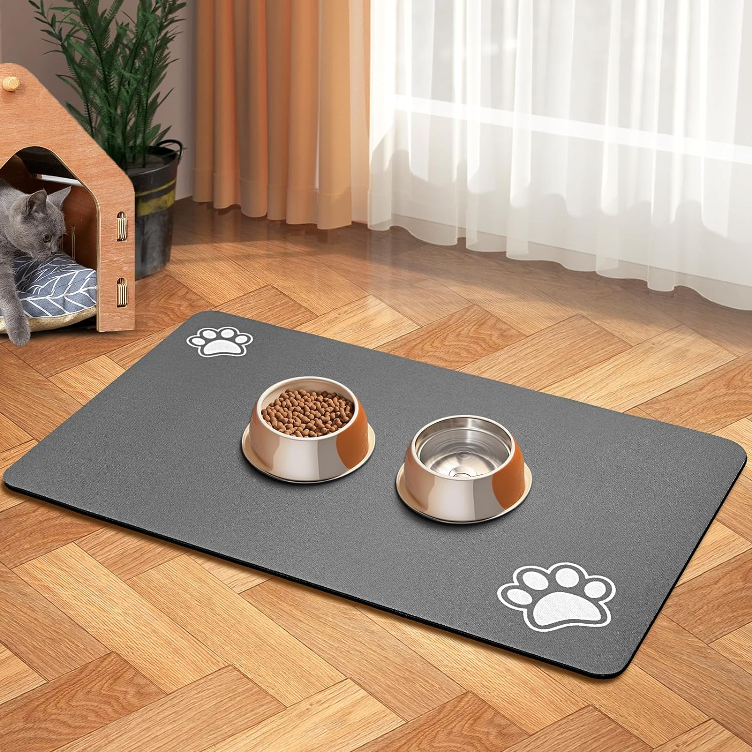 Pet Feeding Mat-Absorbent Dog Mat for Food and Water Bowl-Accessories Pet Supplies-Bowl for Messy Drinkers-No Stains Quick Dry Dog Water Dispenser Mat (16"X24", Dark Grey) image number 4