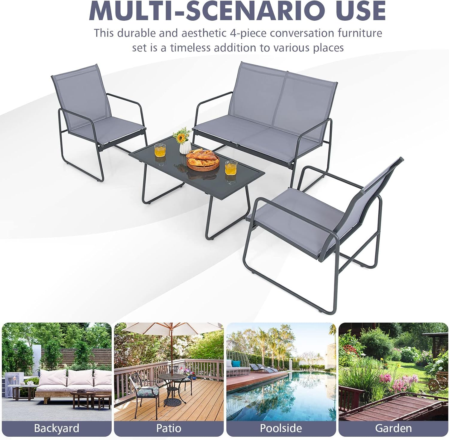 Costway 4-Piece Metal Patio Furniture Chat Set Outdoor Conversation Table Garden image number 3