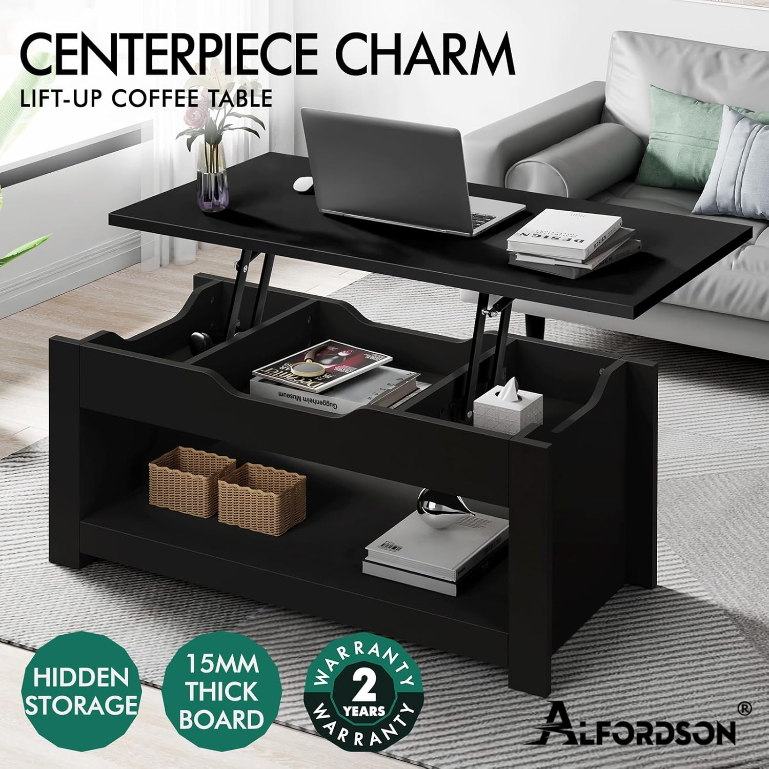 ALFORDSON Multifunctional Lift-Top Coffee Center Table Black Color, Dining Table for Living Room, Office, Reception & Dining, Featuring Rising Tabletop Surface, Hidden Compartment & Open Shelf - Black image number 3