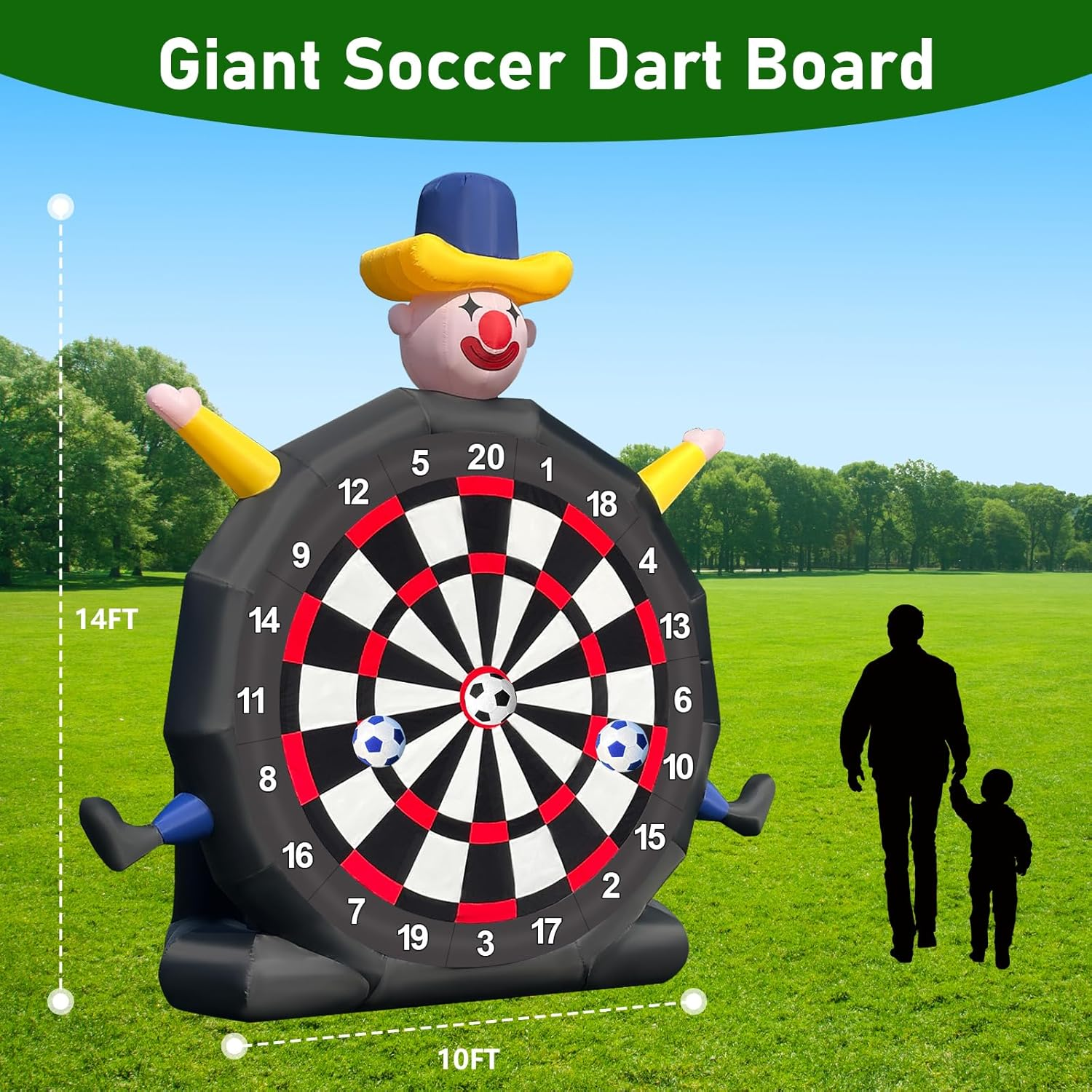13Ft Inflatable Soccer Dart Board Giant Kickball Dartboard Soccer Darts Inflatable with 350W Blower for Outdoor Yard Gym Camp Sport Games 8 Golf Balls, 2 Kickball