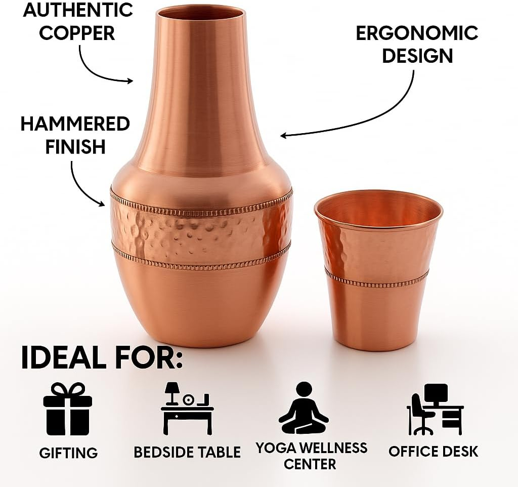 Pure Copper Bedside Carafes, Flask with Tumbler for Ayurveda Health Benefits - Capacity - 1.4 Lt (47.3 US Fluid Ounce) image number 5