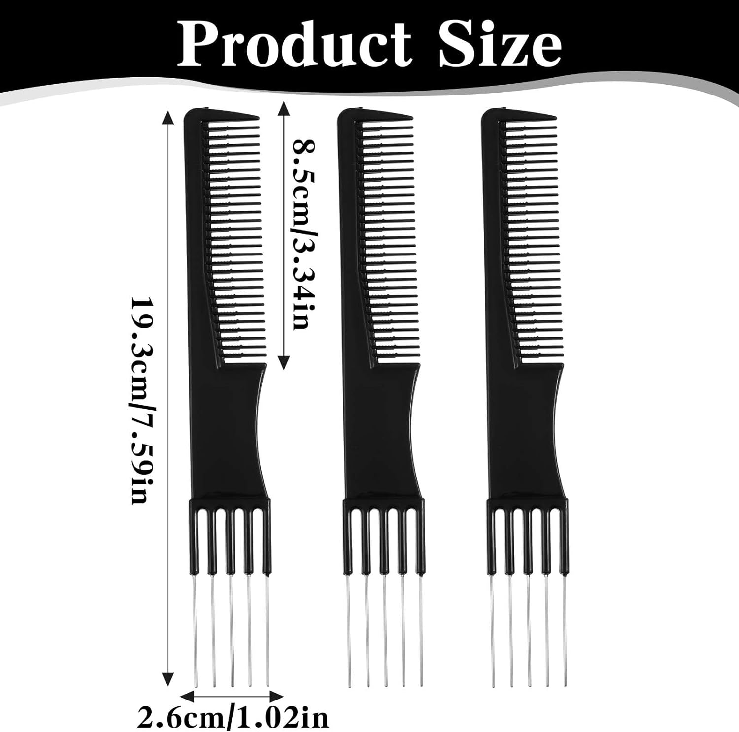 Thinp 3 Packs Comb with Metal Pick,Teasing Comb Pick Comb Lifting Fluffing Comb with 5 Stainless Steel Pins Hair Picks for Women Teasing Comb for Fine Hair Women Most Hair Types(Black) image number 6