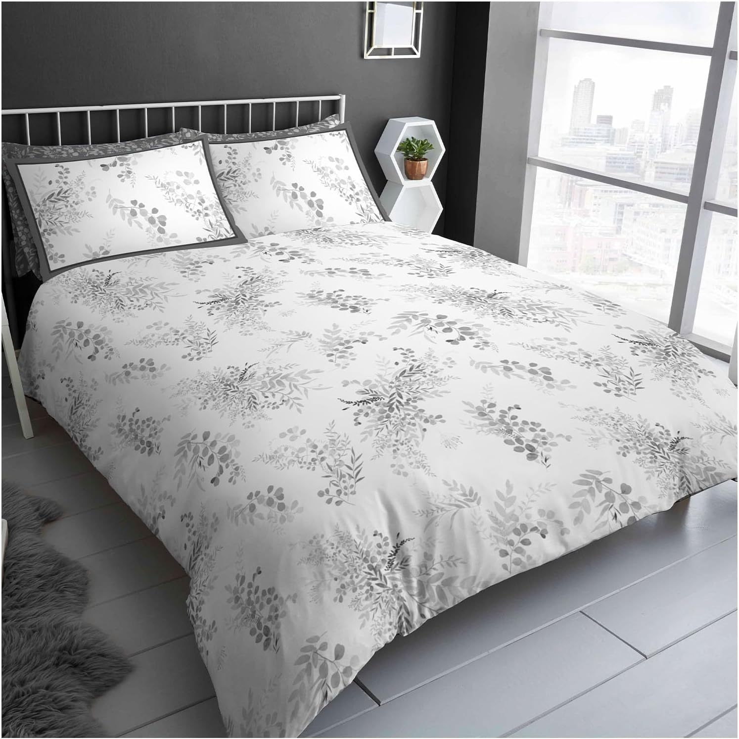 GC GAVENO CAVAILIA Leaf Pattern Duvet Cover King Size (230X220Cm) - Polycotton Duvet Set 3 Piece Bedding Bed Cover with Pillowcase - Washable Linen - Grey image number 5