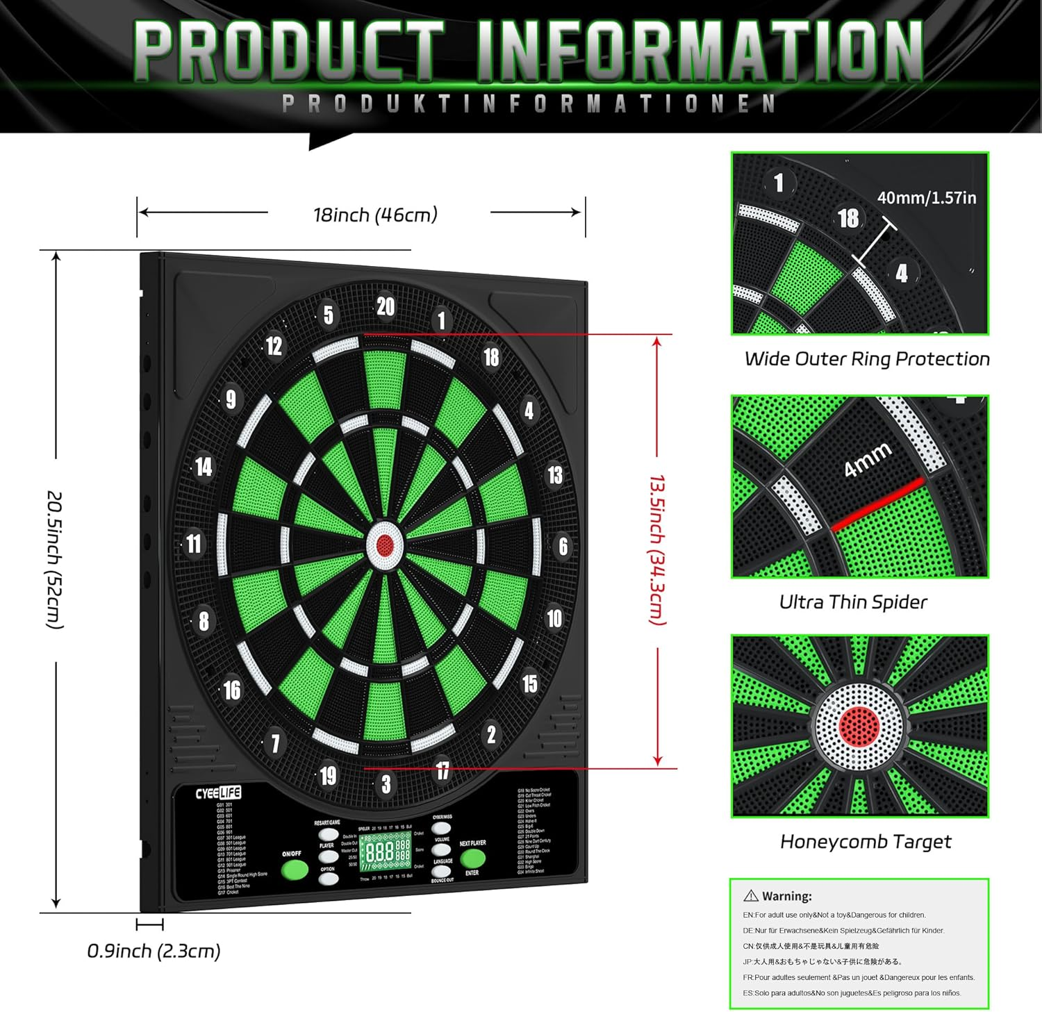 Cyeelife Electronic Dart Board,Soft Tip Dartboard Set,Digital Electric Dart Boards with LED,12 Darts 24 Flights 50 Tips 2 Flight Protectors Power Adapter,3 Language Changes,Up to 8 Players image number 1