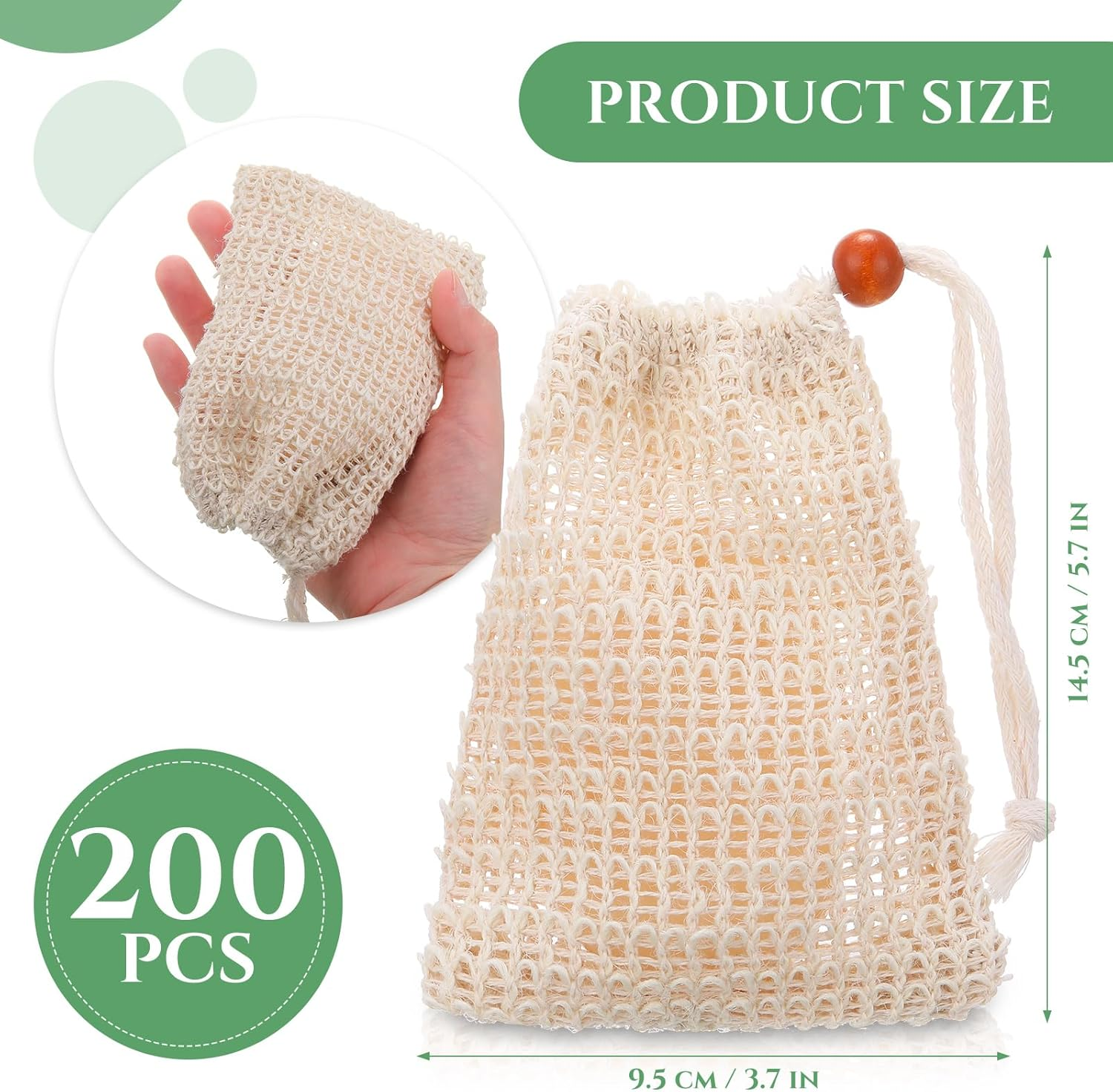 Woanger Natural Sisal Soap Bag 5.7 X 3.7 Inches Mesh Exfoliating Soap Saver Bag Soap Pouch with Drawstring Foaming and Drying Soap Holder for Shower Kitchen Bathroom Travel Hotel (200) image number 2