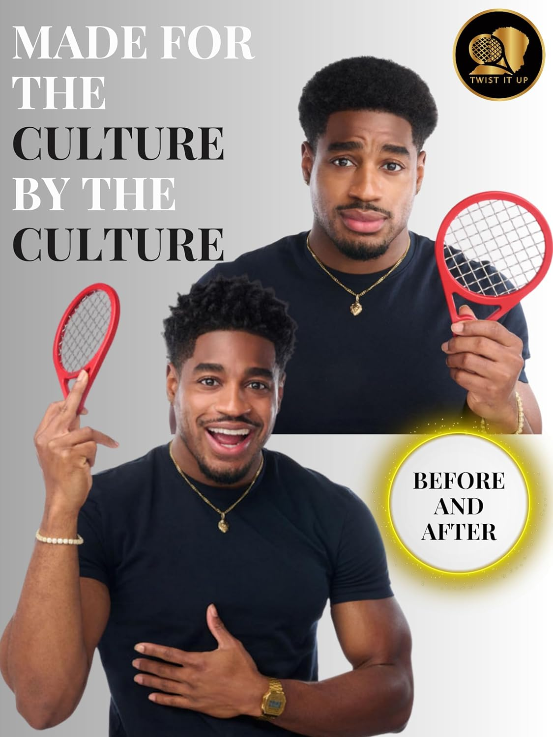 Twist It up Comb (Bond Black) - Alternative for Hair Sponges, Creates Curls and Twists for Black Men, Tennis Racket Design