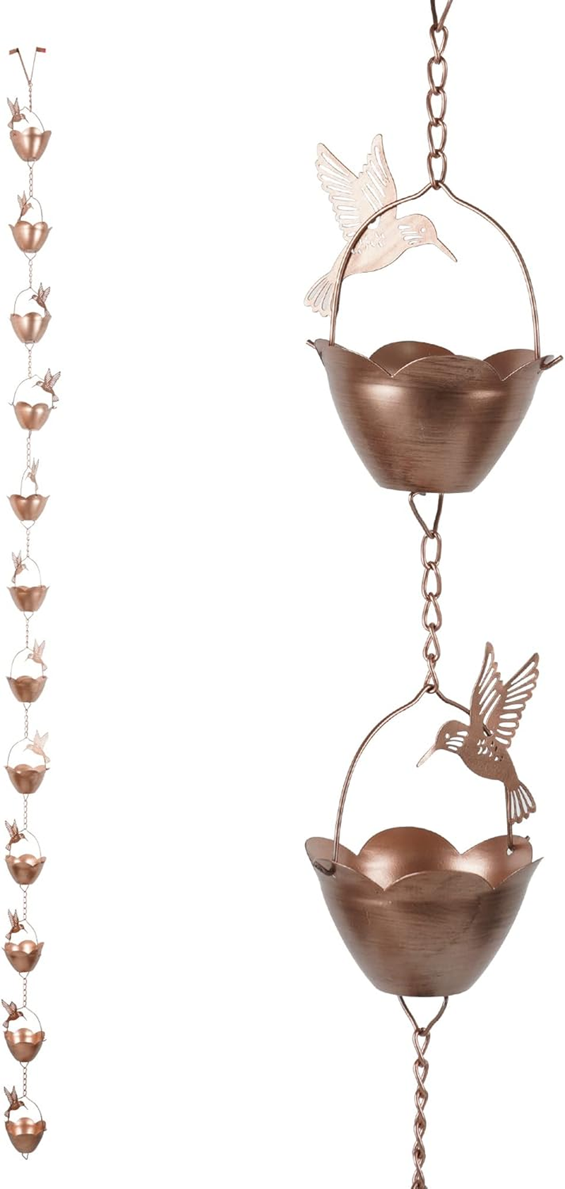 Topadorn 7.85 FT Rain Chains Decorative Iron Gutter Chain with 12 Rain Collector Cups with Hummingbird Petal Iron Flower Cups Garden Decorative