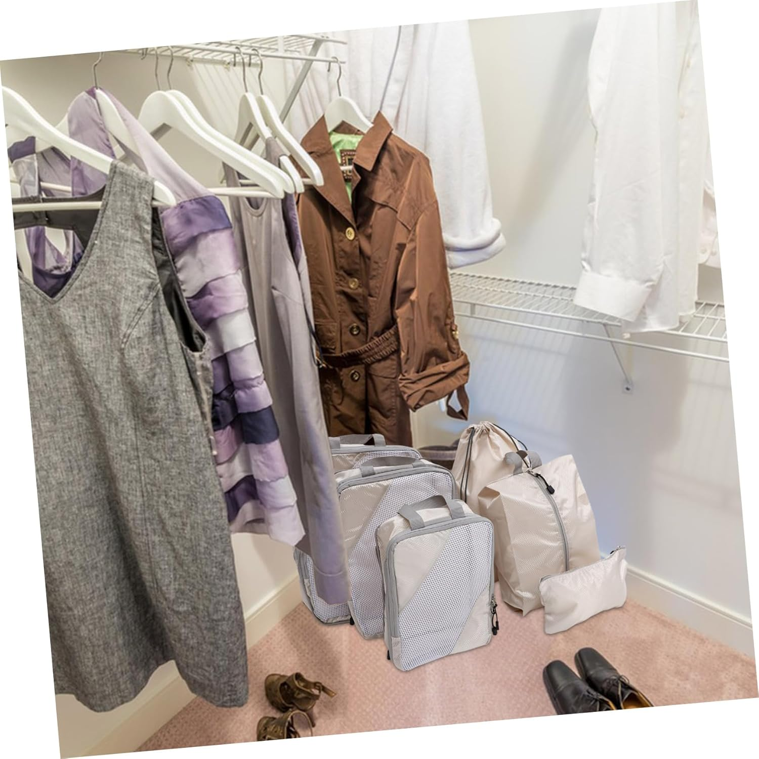 POPETPOP 6Pcs Compression Packing Cubes Travel Organizers Set Polyester Luggage Storage Bags for Suitcases Expandable Travel Packing Cubes for Clothes Toiletries image number 1