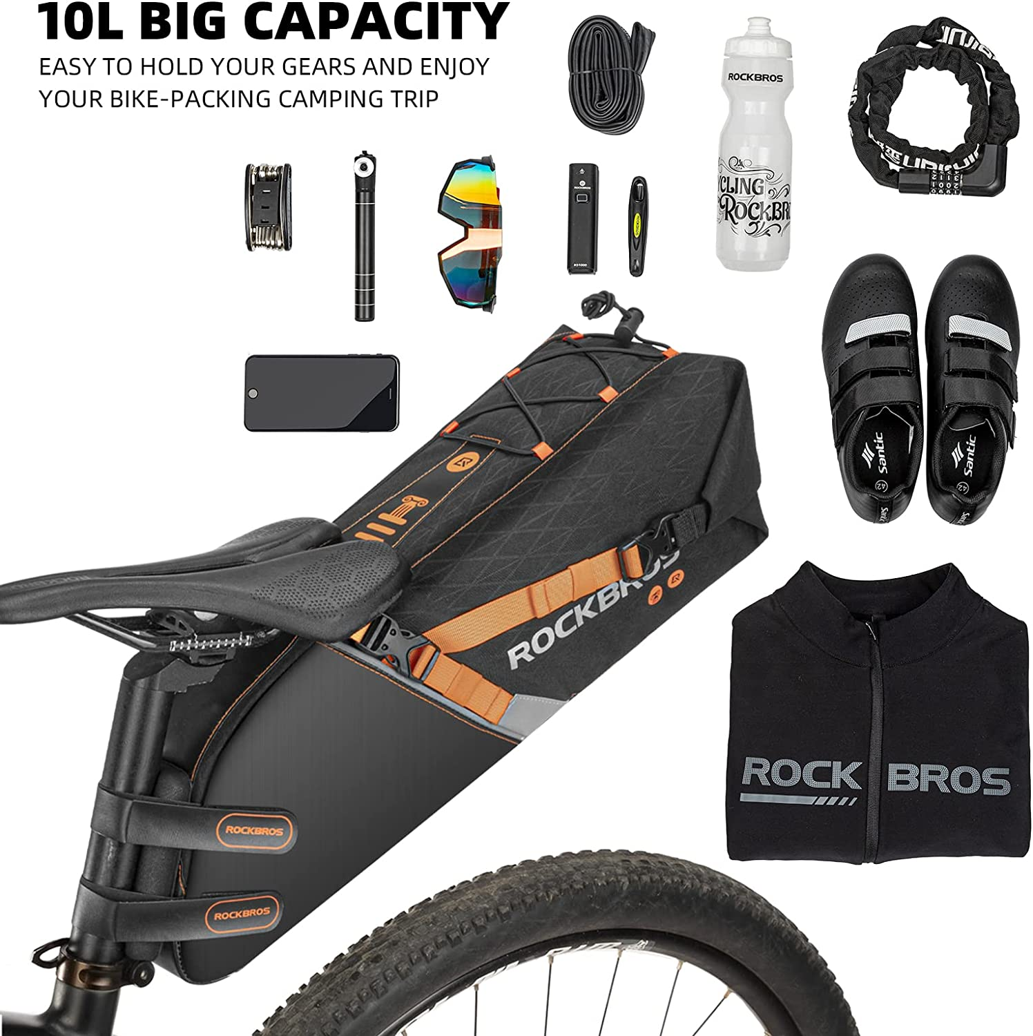 ROCKBROS Bike Saddle Bag Bikepacking Bag Waterproof Large Capacity Packing Bicycle Seat Packs for Gravel Road Mountain Max 10L image number 4