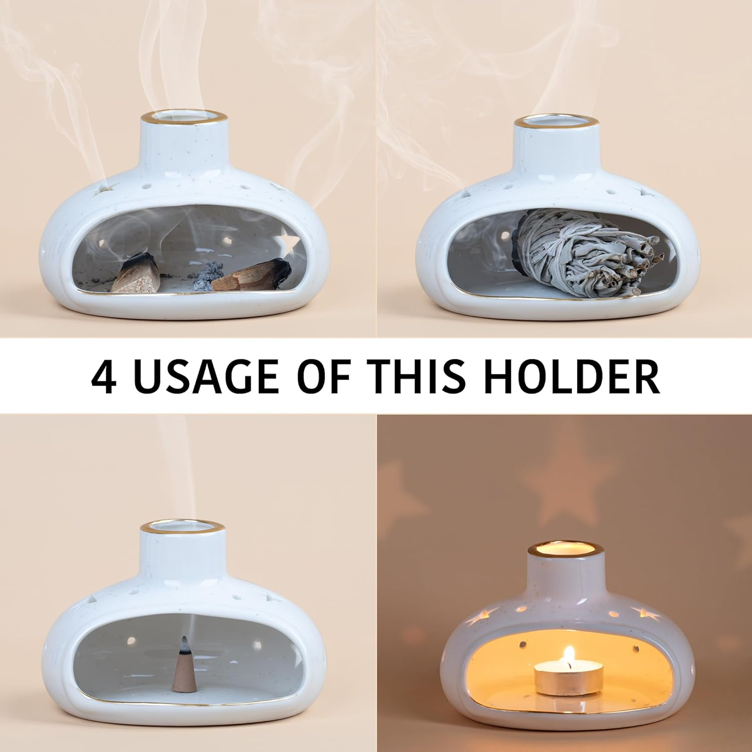 Zenbless 3 in 1 Incense Holder for Palo Santo Sticks Sage Bundles Cone Incense, Handcrafted Ceramic Incense Burner Holder Ash Catcher with Chimney, Smudge Bowl for Yoga Meditation Room Home Decor image number 3