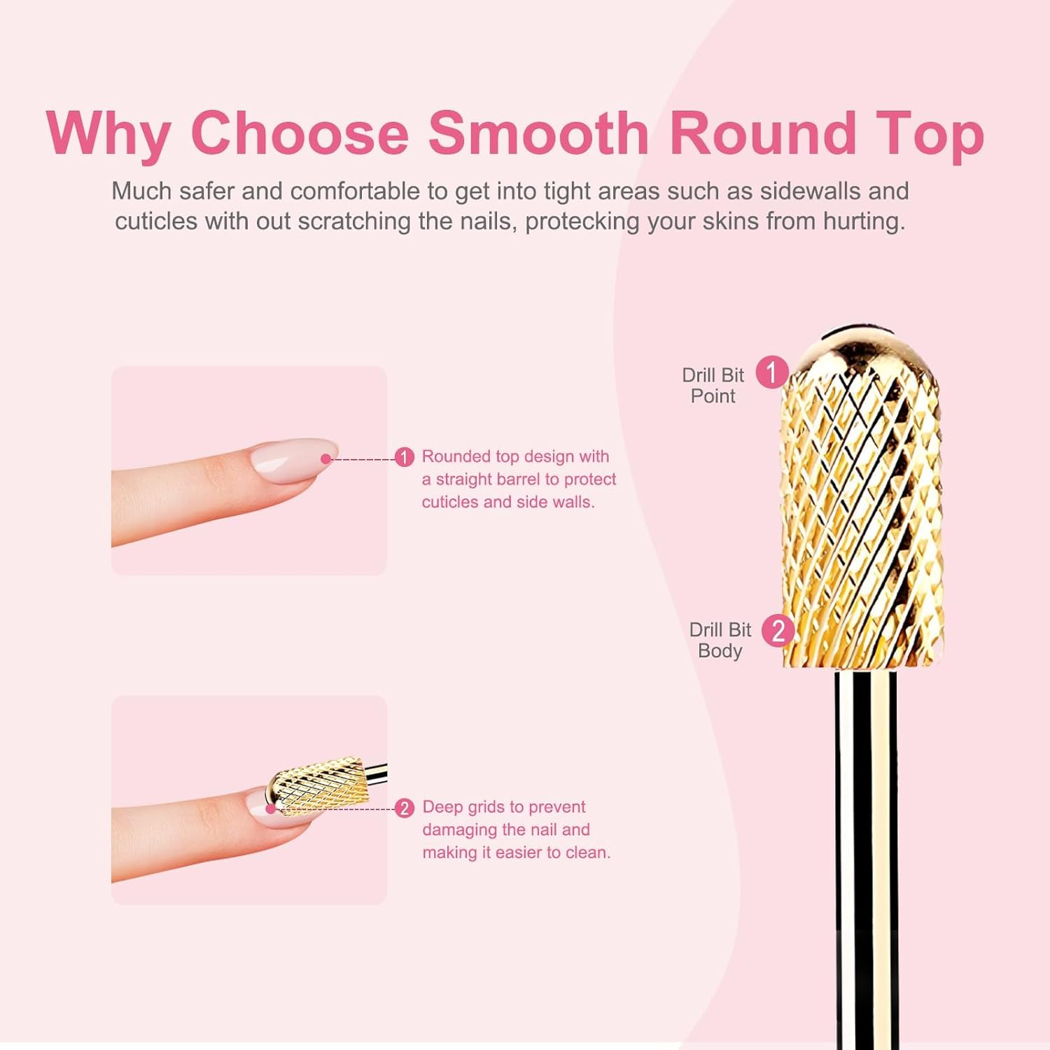 Safety Nail Drill Bits - 3/32'' Smooth round Top Large Barrel Carbide Bits, Suitable for Manicure Pedicure Cuticle Gel Polishing, Beginners Bits, Gold, 3Pcs (Fine, Medium, Coarse) image number 3