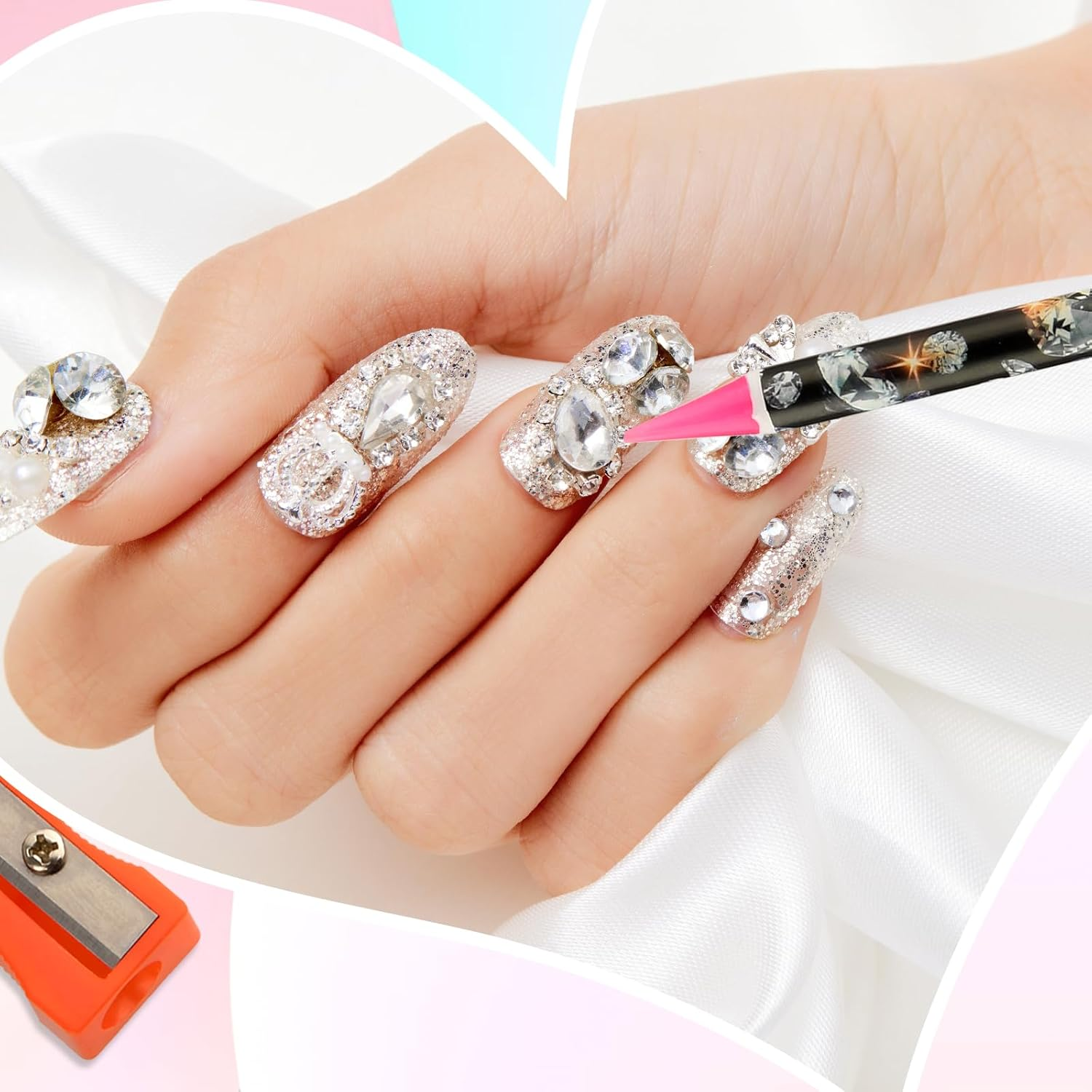 Rhinestone Picker for Nail Gems - 4Pcs Self-Adhesive Wax Pencil for Diamonds Applicator - DIY Nail Tool with Dotting Accessories and Sharpener