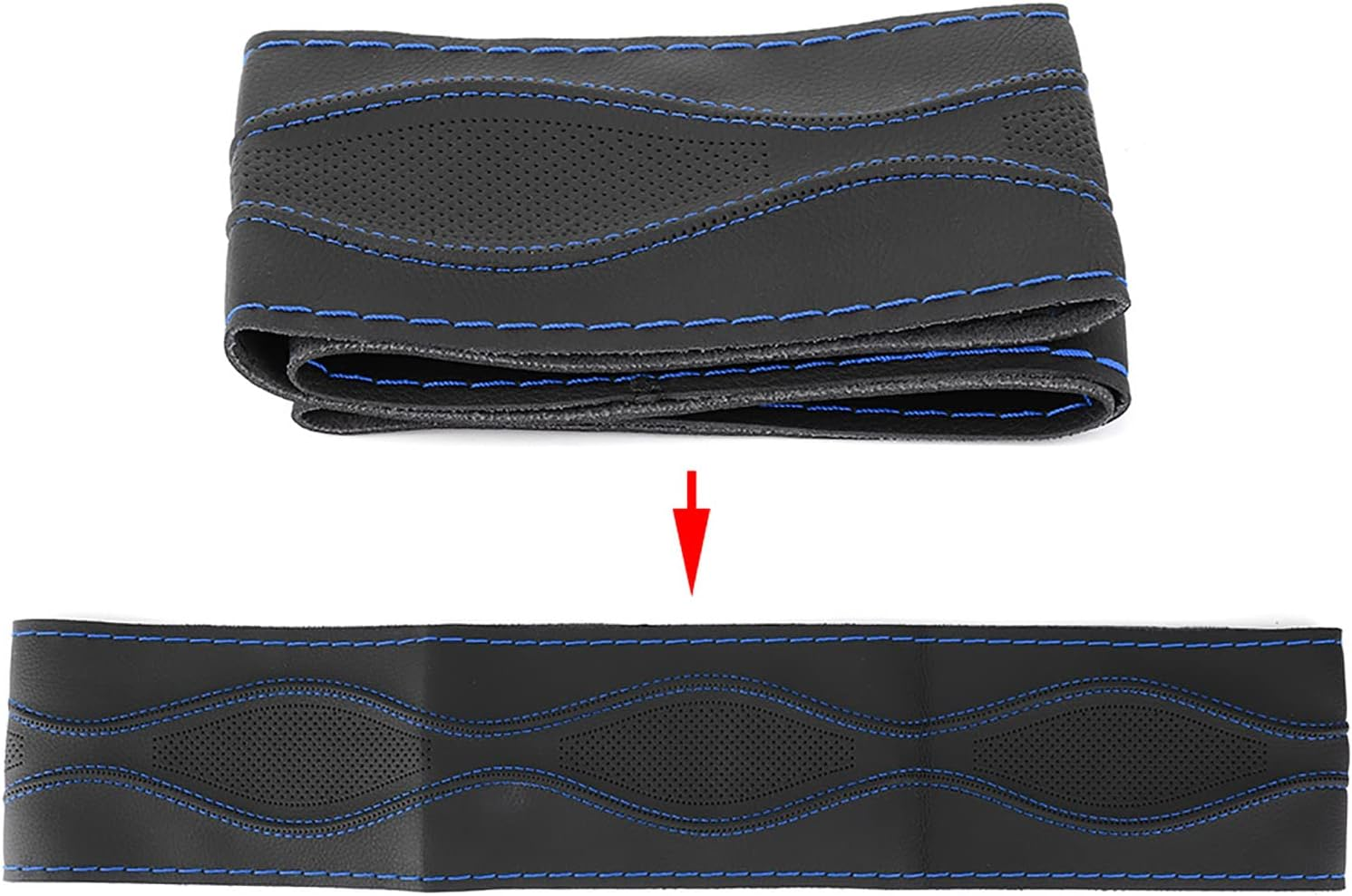 38Cm/15In Leather Steering Wheel Wrap Cover Lace Up, Steering Wheel Stitch on Wrap Cover Universal, Hand Stitching Embossing with Thread, a Whole Piece of Cowhide, Black (Black Blue) image number 1