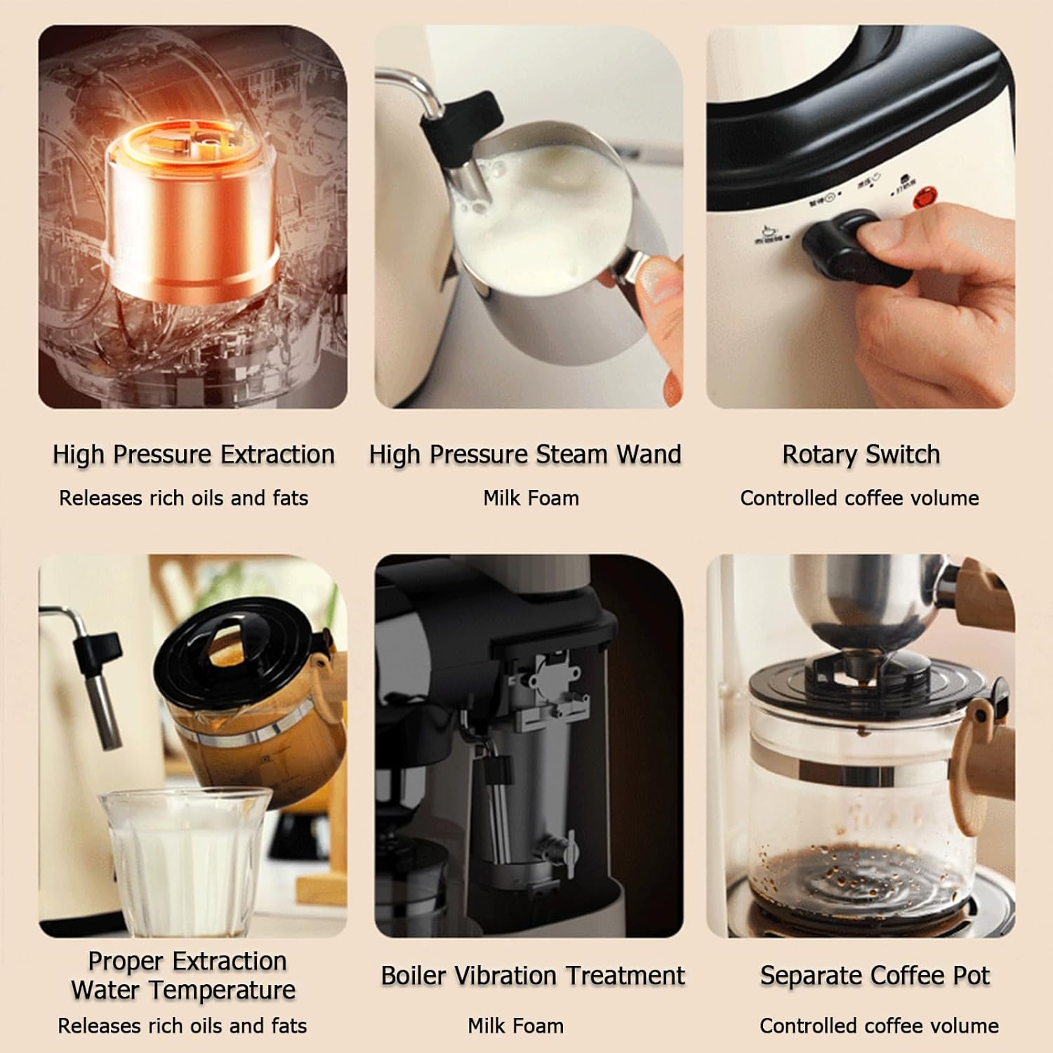 BEAR Espresso Coffee Machine, Cappuccino Coffee Machine with 5 Bar Pump Pressure, Milk Frother, Stainless Steel Boiler, 240Ml Coffee Pot, Knob Switch image number 2