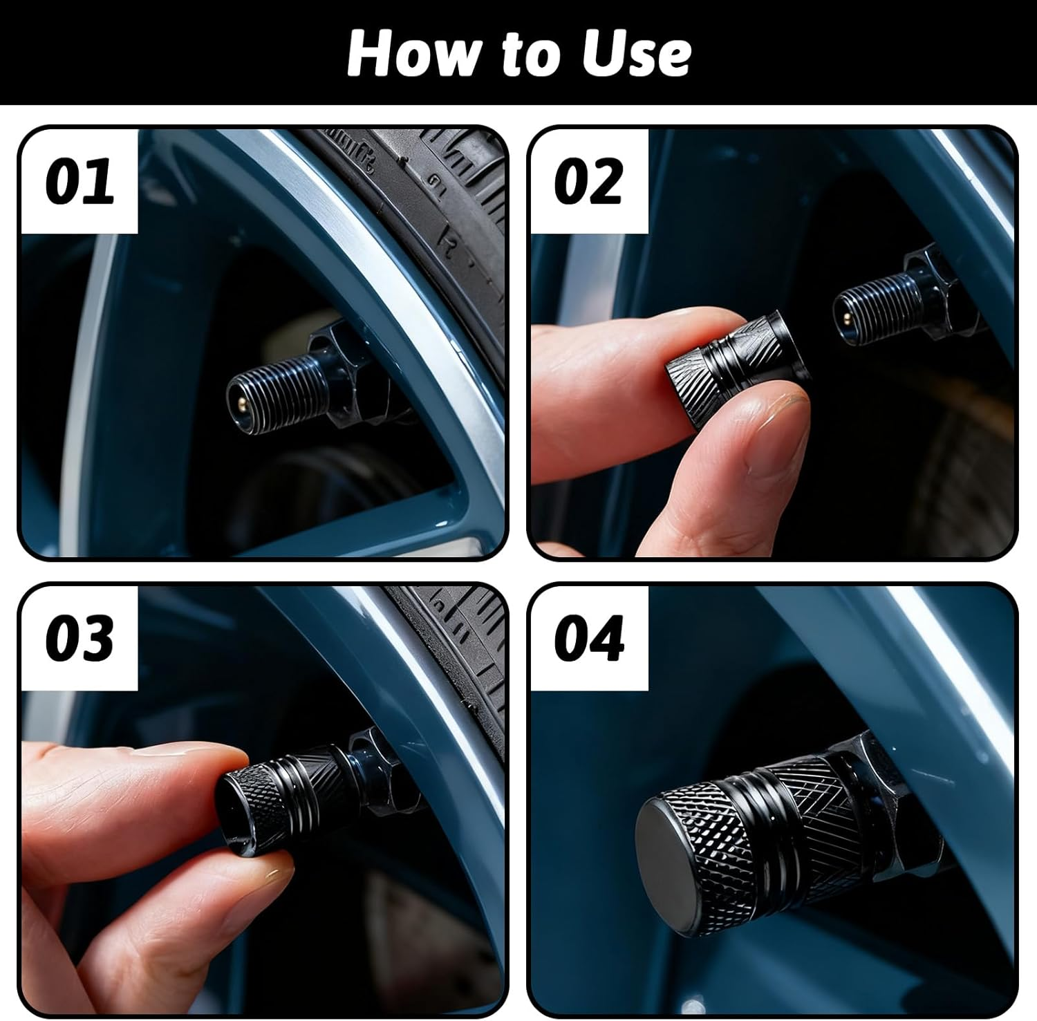 Tyre Valve Caps, 8 Pcs Anodized Aluminum Valve Stem Caps for Cars, Bikes, Trucks, SUVS, Motorcycles (Black) image number 2