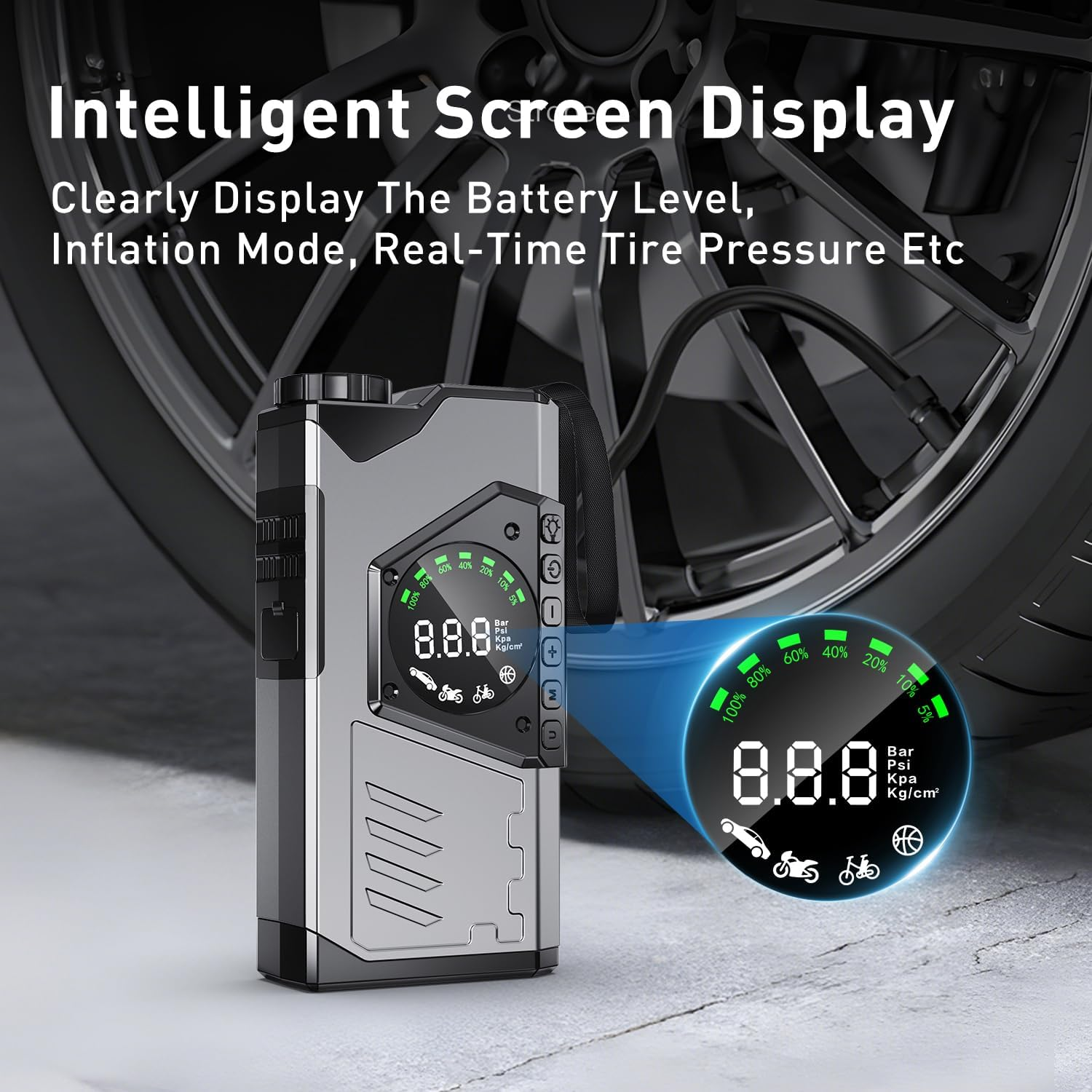 Portable Car Jump Starter with Air Compressor, 3000A Portable Jump Starter Pack with 150PSI Tire Inflator, 12Volt Jump Start Battery Pack with LCD Display/Flashlight (Up All Gas/8.5L Diesel) image number 3