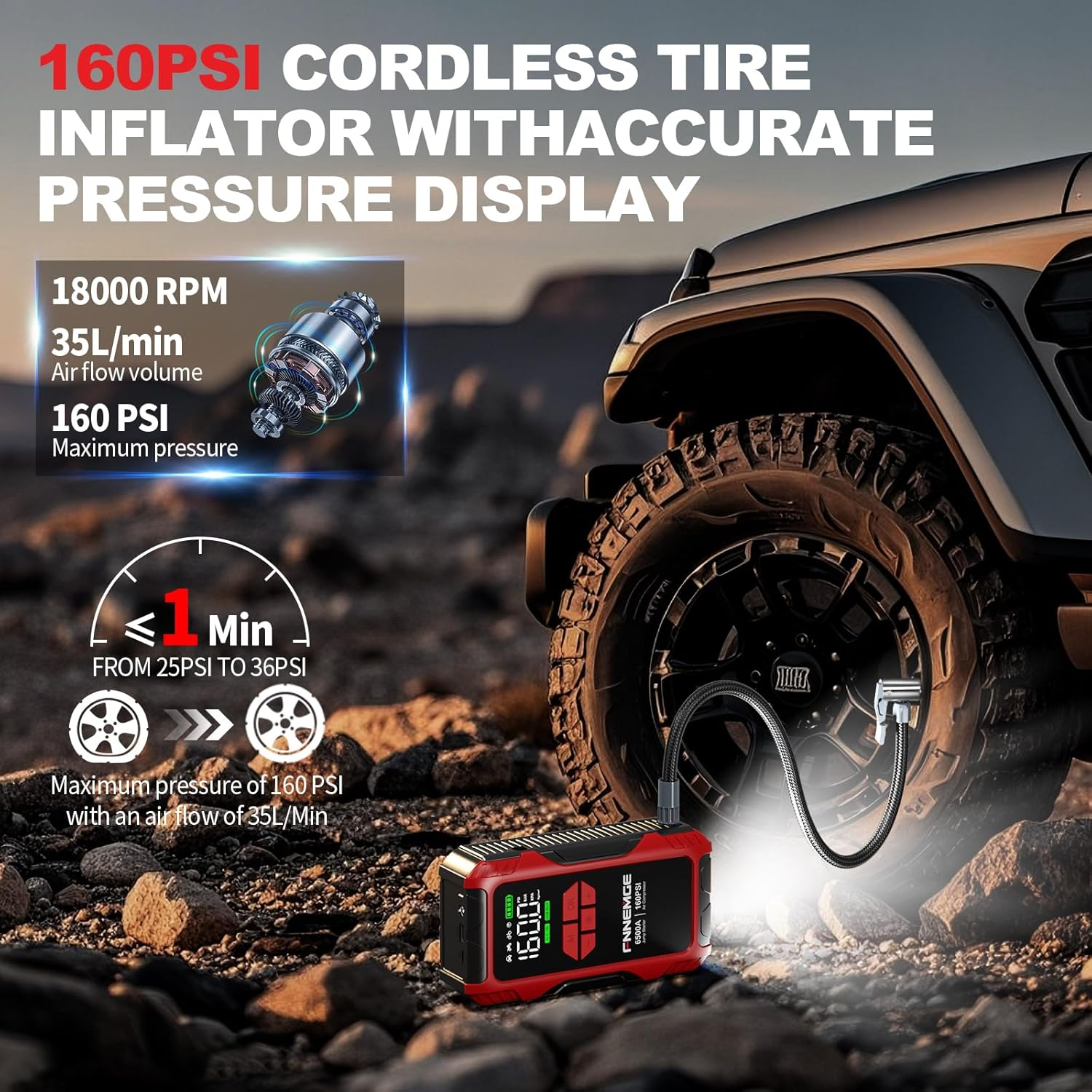 FNNEMGE 6500A Jump Starter with Air Compressor, 26800Mah Car Battery Jumper Starter Portable 12V(For All Gas/10.0L Diesel), 160PSI Tire Inflator, with USB Output,2 LED Light,Hd Large Screen. image number 3