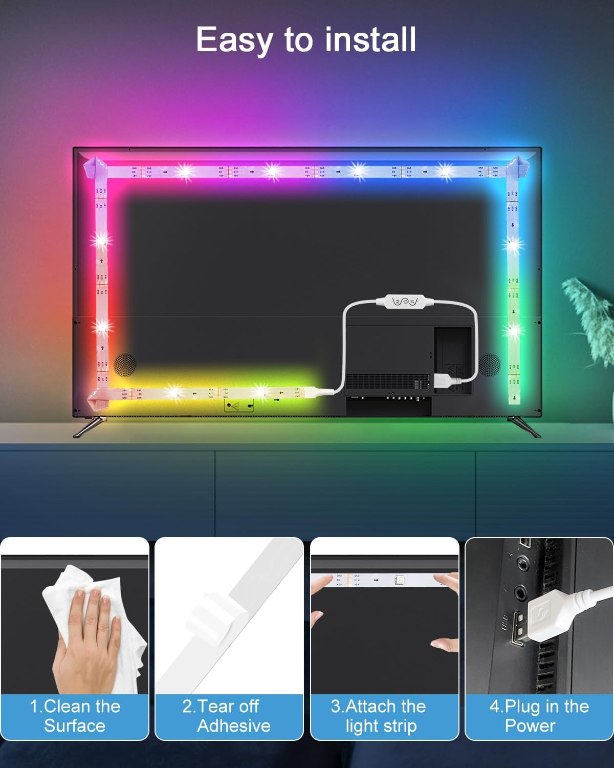ALITOVE 5M RGB IC LED Strip Light 16 Million Colors Changing DC USB LED Light for TV Backlight with Music Sync Bluetooth APP Control LED Lights Strip for Bedroom Party Christmas Decor image number 6