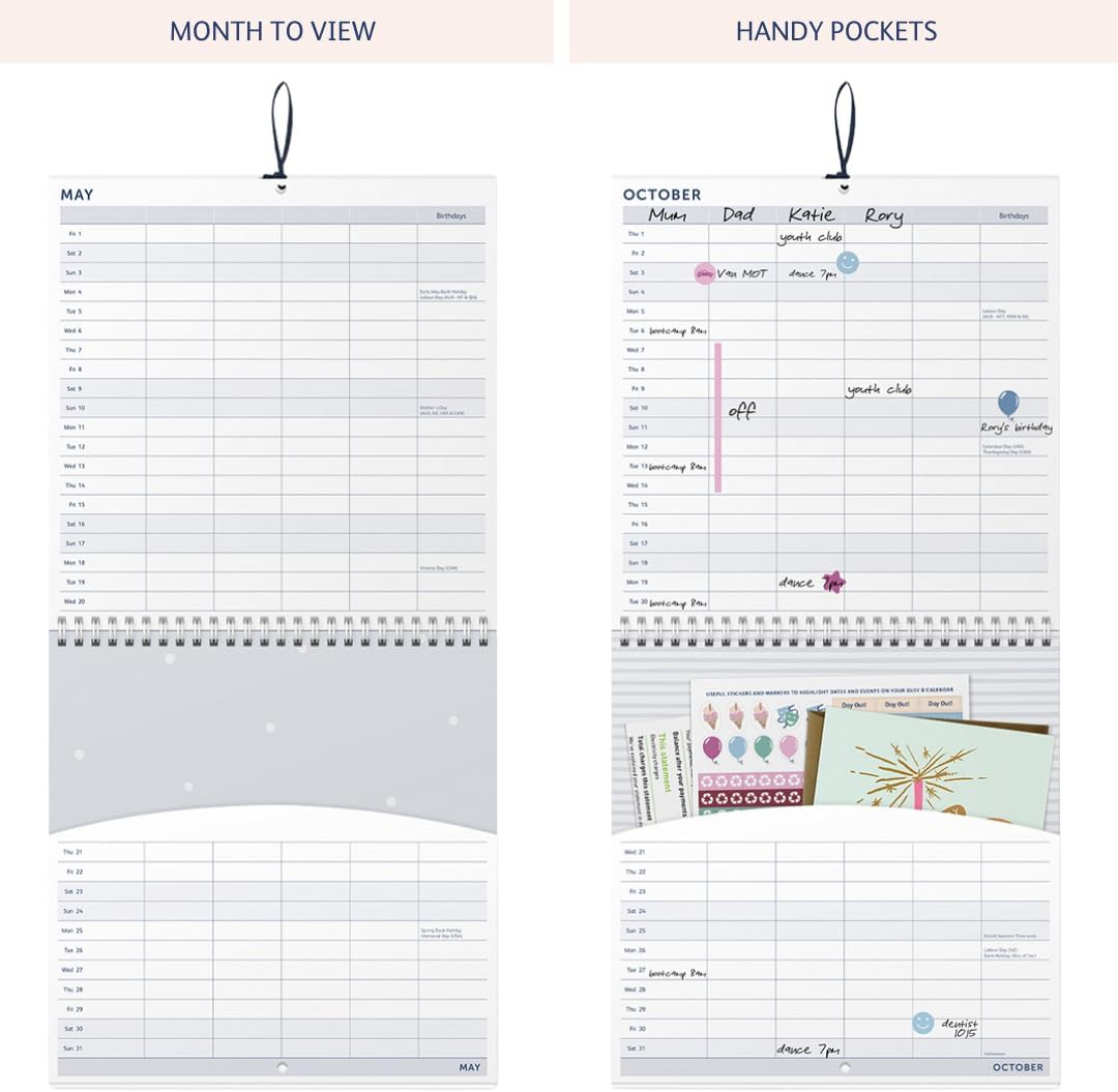 Busy B - Large Family Wall Calendar 2026 - Birds Design with 5 Columns & Storage Pockets - Monthly Calendar 2026 for Busy Families with Colour-Coded Stickers - 23.5 X 25.5 Cm