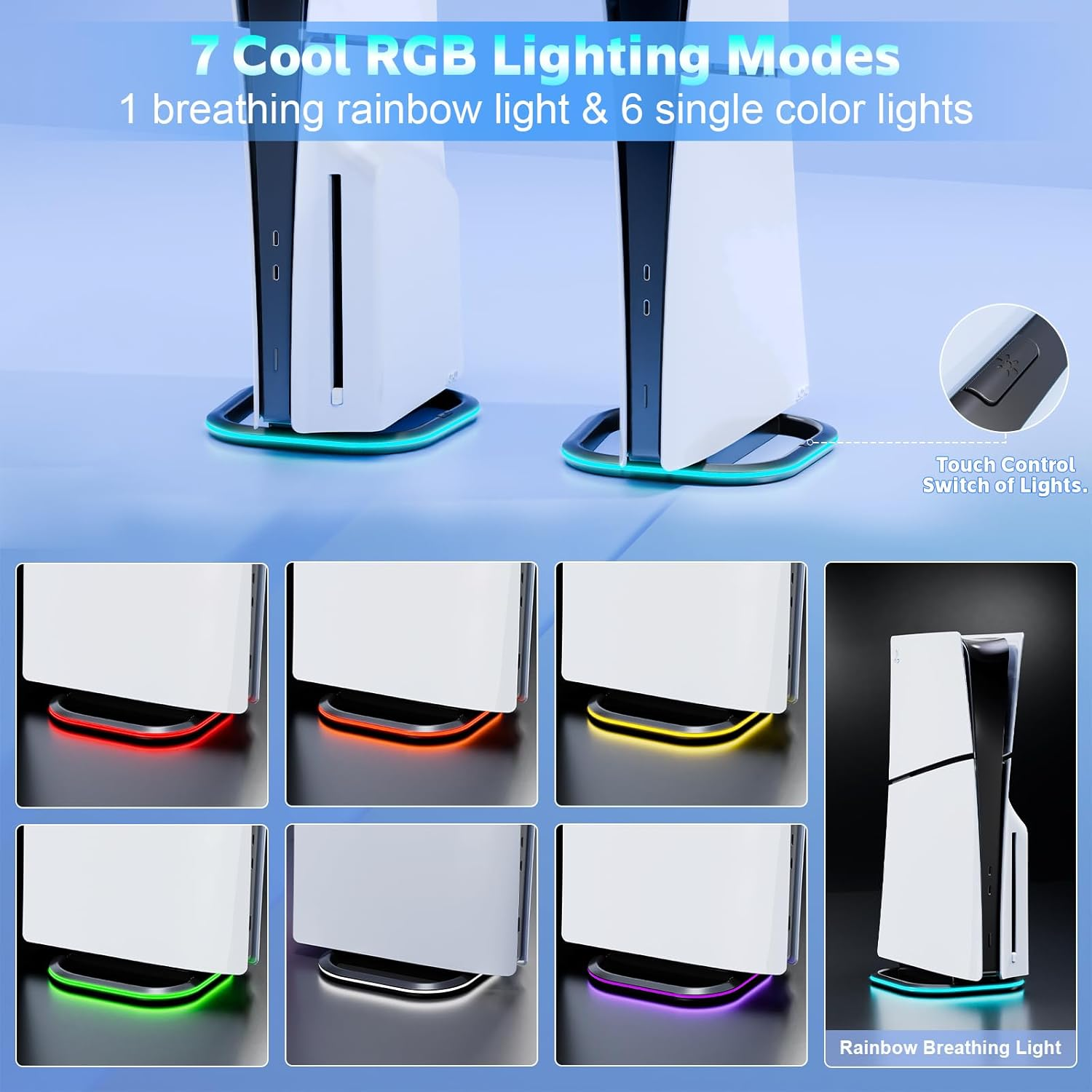 HONCAM Vertical Stand for PS5/PS5 Slim/Ps5 Pro Consoles, Playstation 5 Vertical Stand with 7 RGB Lights for PS5 Digital/Ps5 Disc, PS5 Slim Digital/Ps5 Slim Disc with Screw, Black