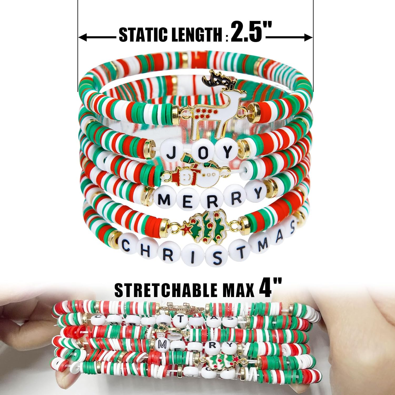 Artlunar 6 Pack Christmas Bracelets: Joy & Merry Candy-Style Stacks for Women & Teens - Perfect Christmas Gifts - Age 3 to Adult, 6 Pack, Bead, Bead image number 6