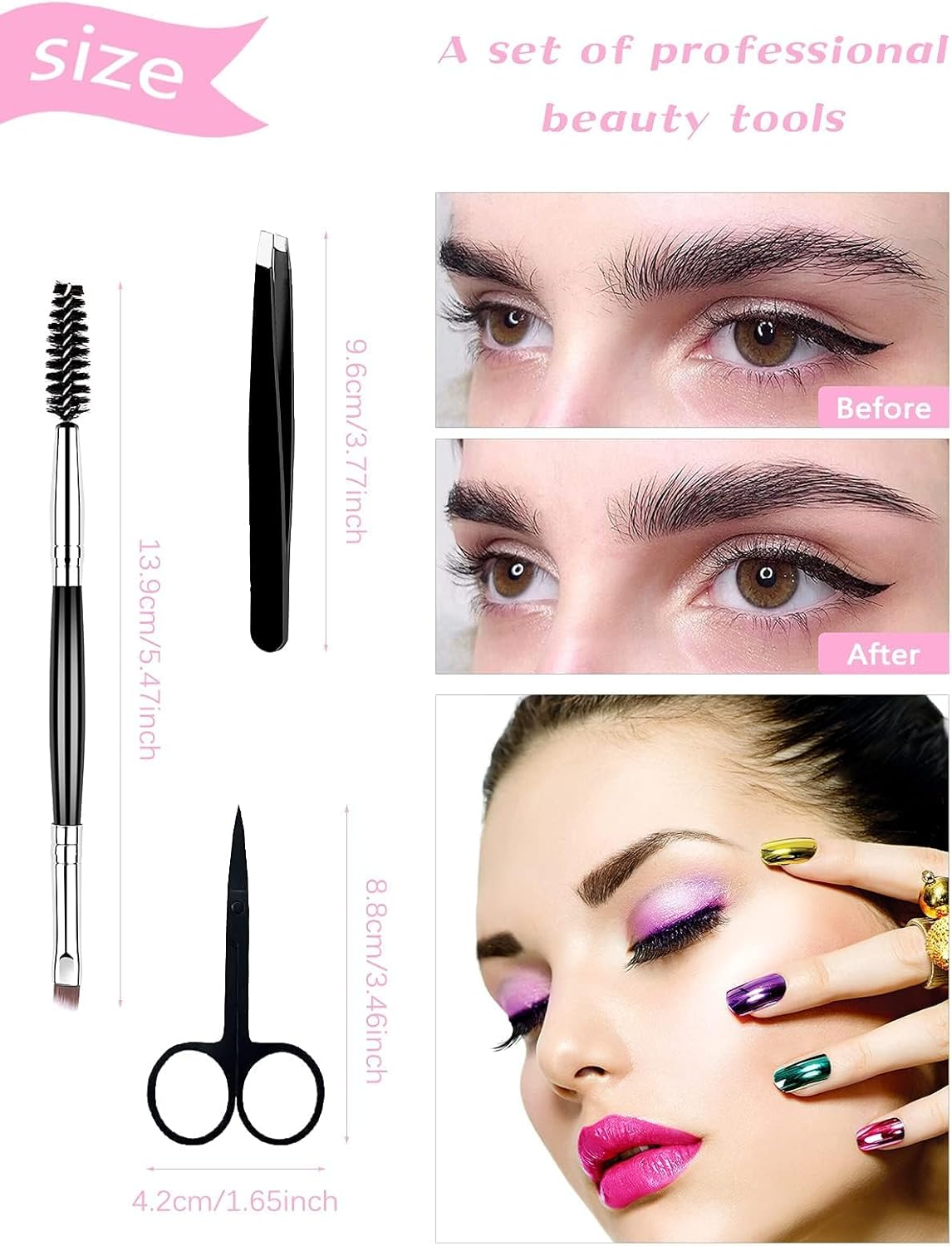 EBANKU Eyelash Comb Lashes Curler Set, 7Pcs Eyebrow Brush Comb Eyelashes Separator Tool Professional Eye Brow Spoolie Brush Scissors Tweezers Eyelash Curler Silicone Refill Pads for Makeup Grooming